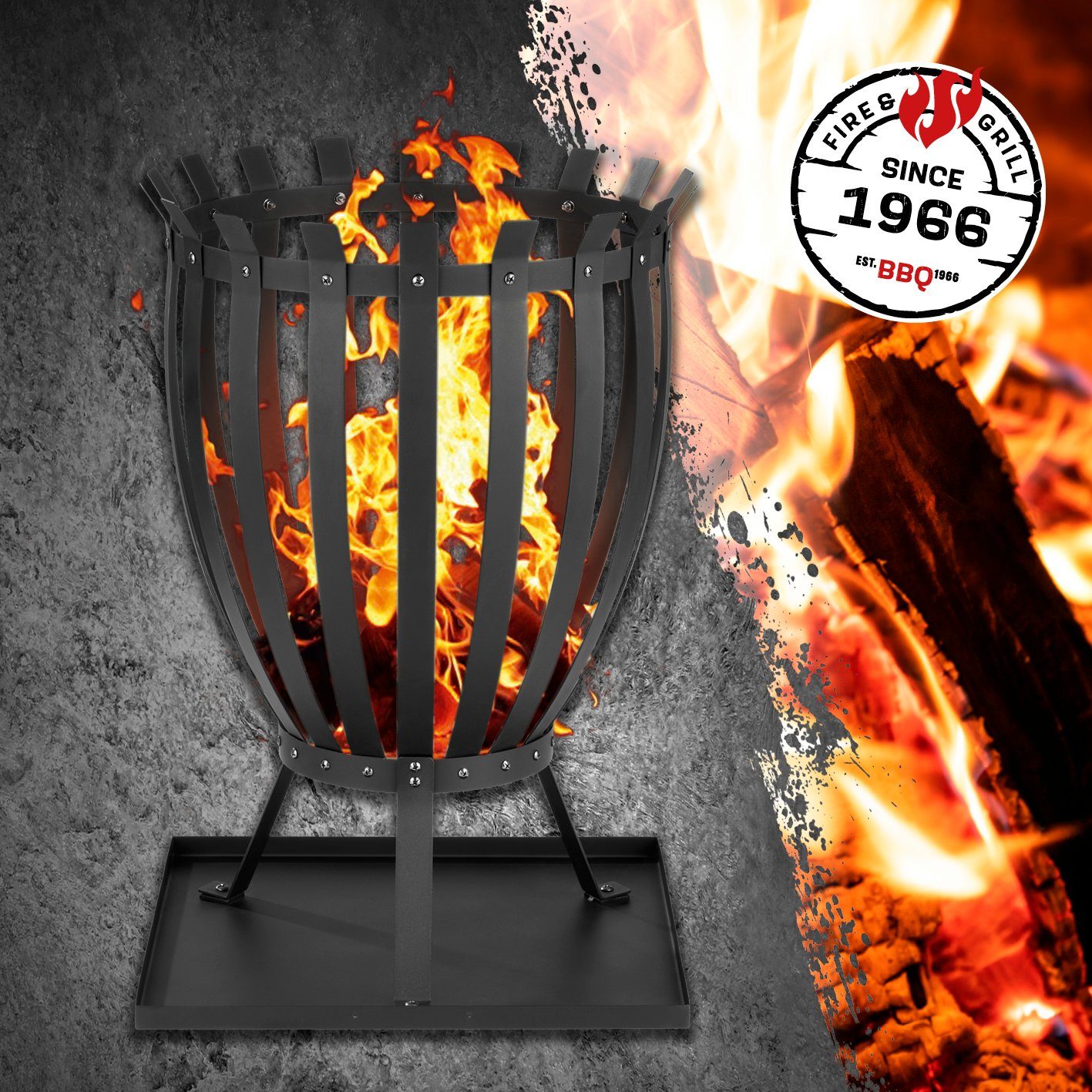 LANDMANN Feuerkorb Steel Stripes 44x65cm schwarz, 360° Sicht inkl. Bodenplatte
