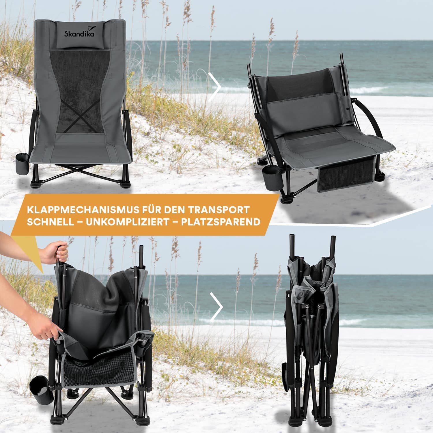 Skandika Campingstuhl SKANDIKA Strandstuhl Beach (grau), mit atmungsaktivem Mesh, Getränkehalter, niedrig