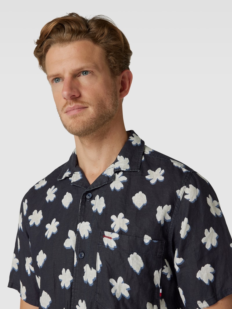 Leinenhemd mit floralem Allover-Muster Modell 'MONO FLOWER' in marineblau