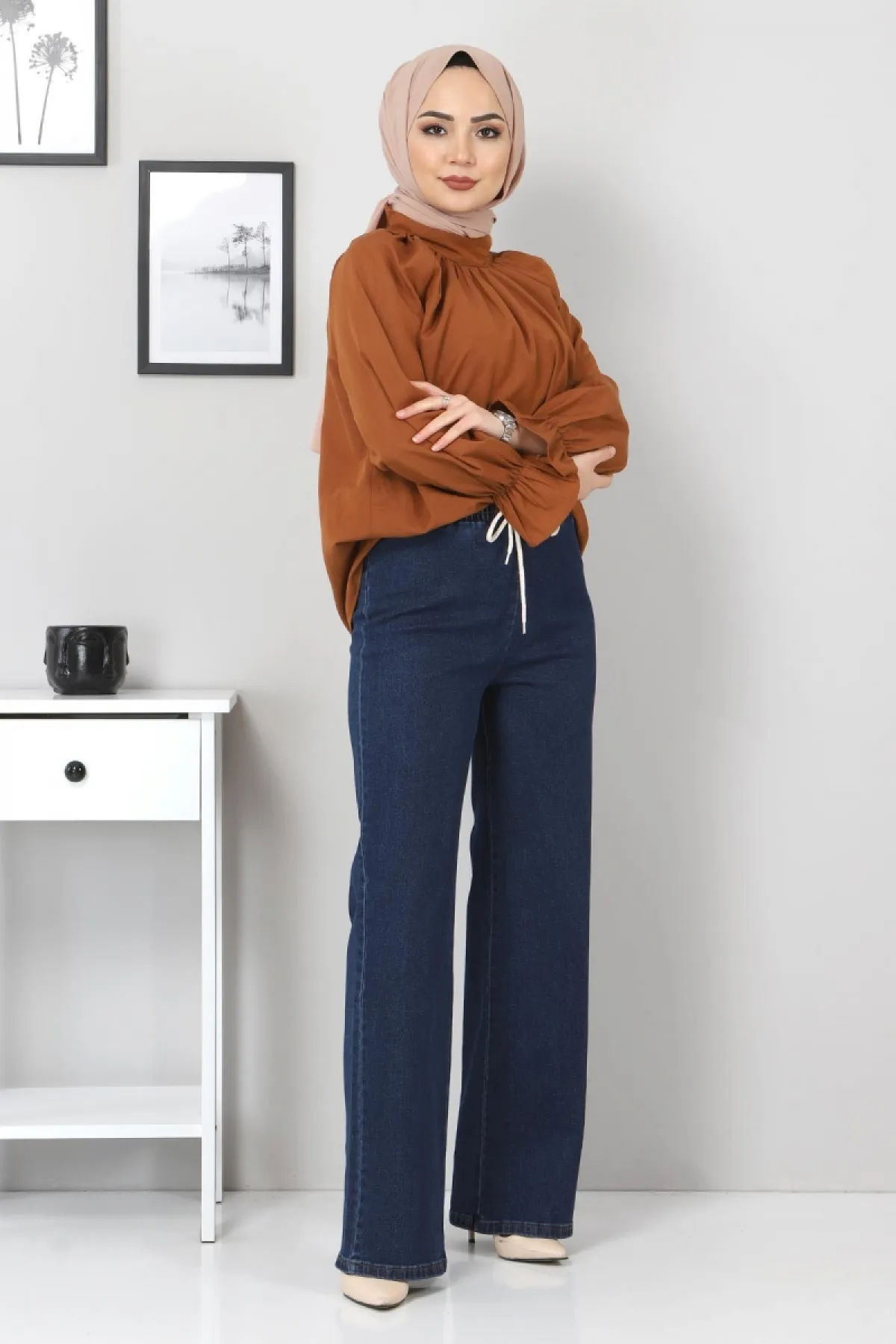Tesettür Dünyası  Jeanshose mit weitem Bein und elastischer Taille Tsd22045 Dunkelblau