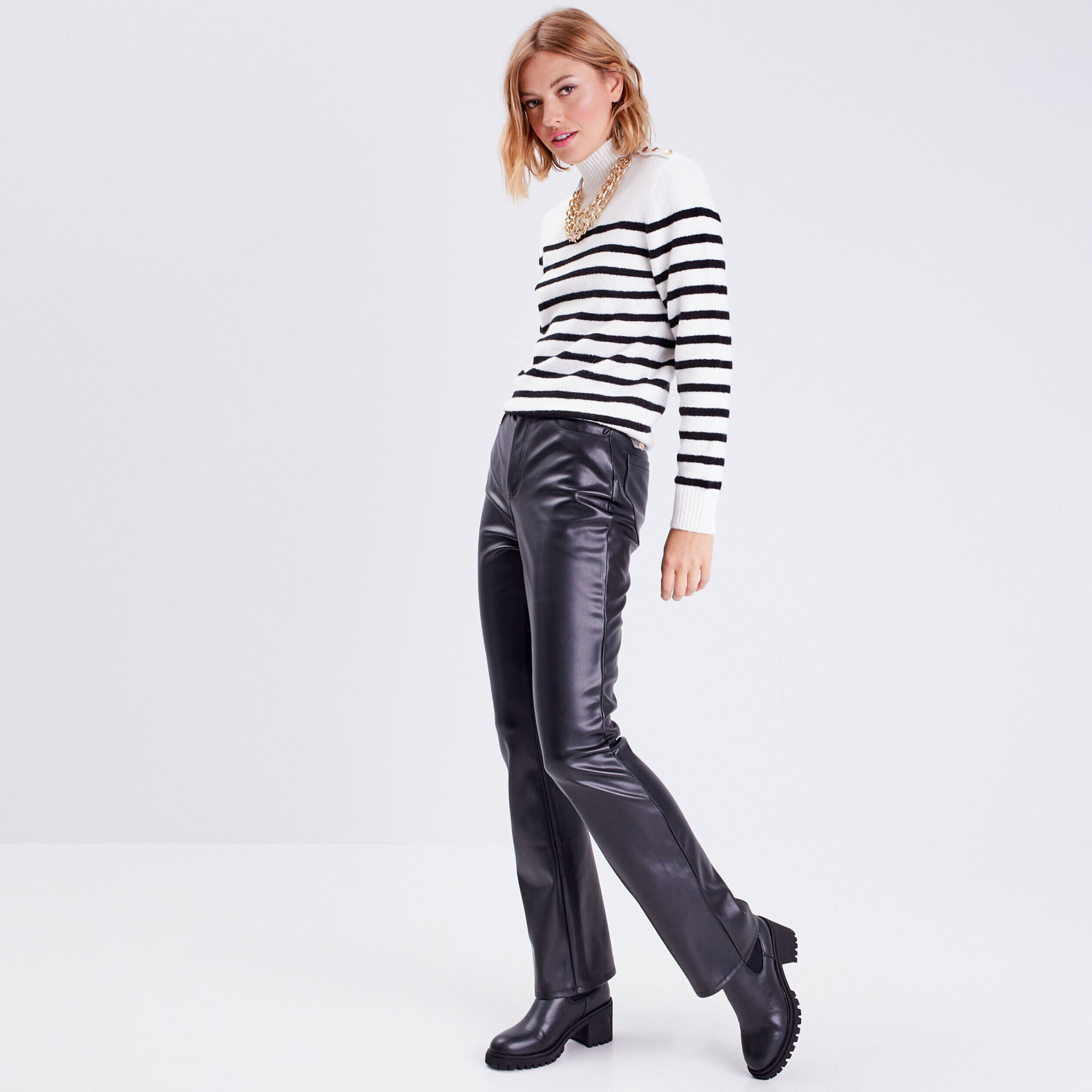 Pantalon flare simili cuir noir femme | Cache Cache
