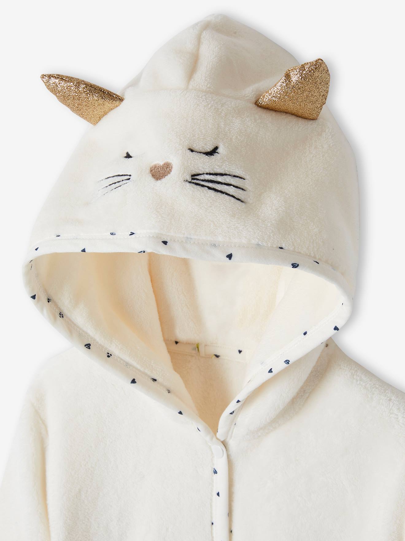 Vertbaudet Mädchen Morgenmantel aus Plüsch KATZE, personalisierbar - wollweiß
