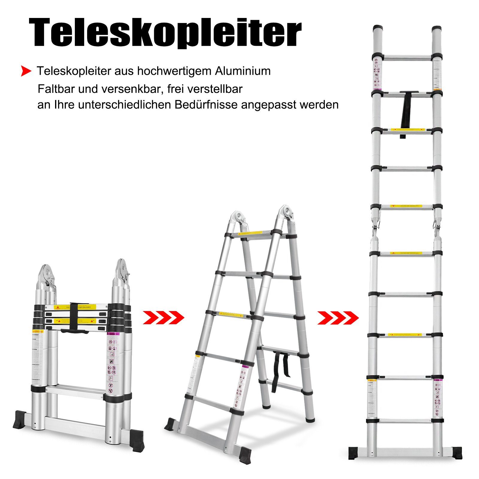 UISEBRT Teleskopleiter Klappbar Aluminiumleiter Ausziehleiter (1,9M+1,9M)