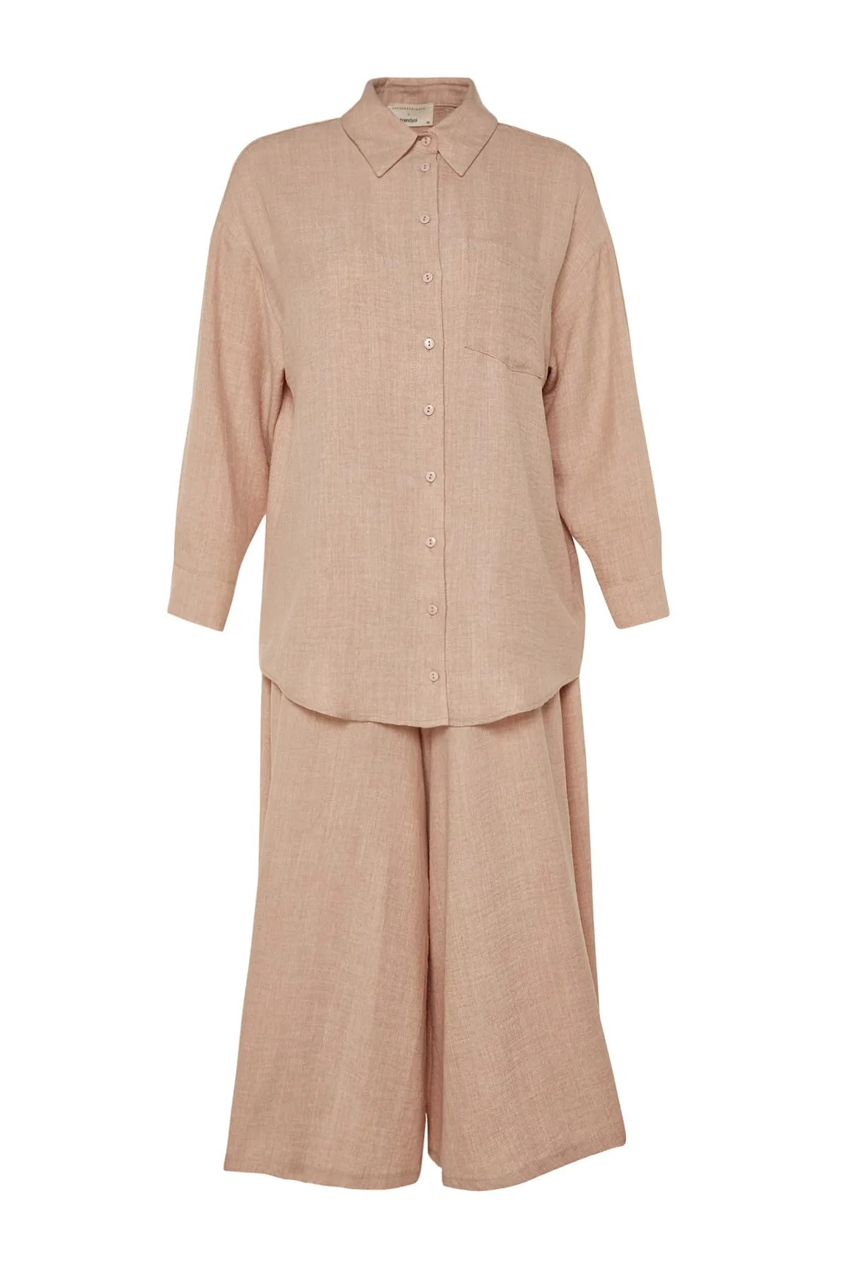 Trendyol Modest  X Kevser Sarıoglu Kamelfarbenes gewebtes Hemd-Hosen-Set mit weitem Bein TCLSS23US00001