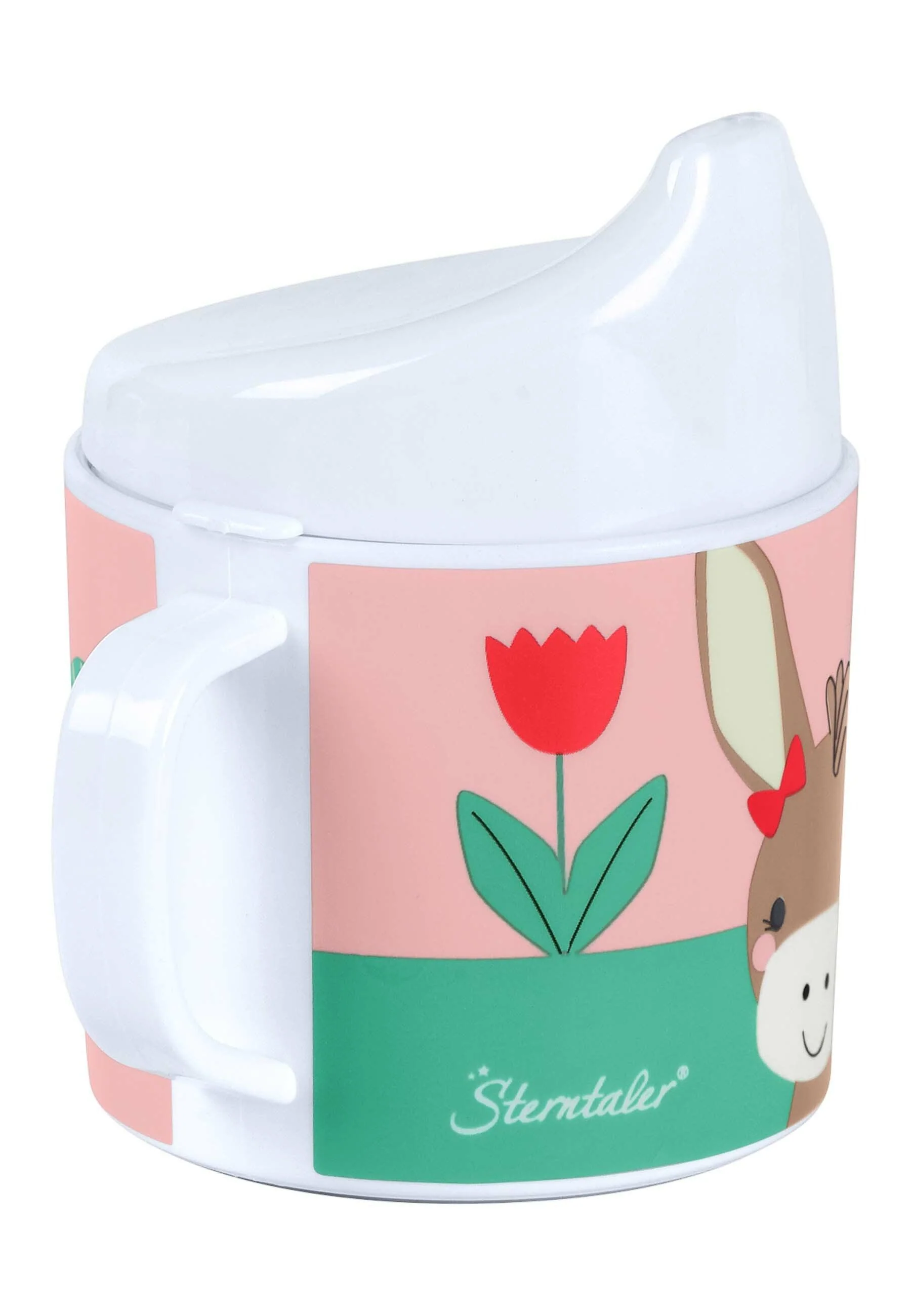 Henkeltasse Esel Emmily mit Trinkaufsatz, Hellrot