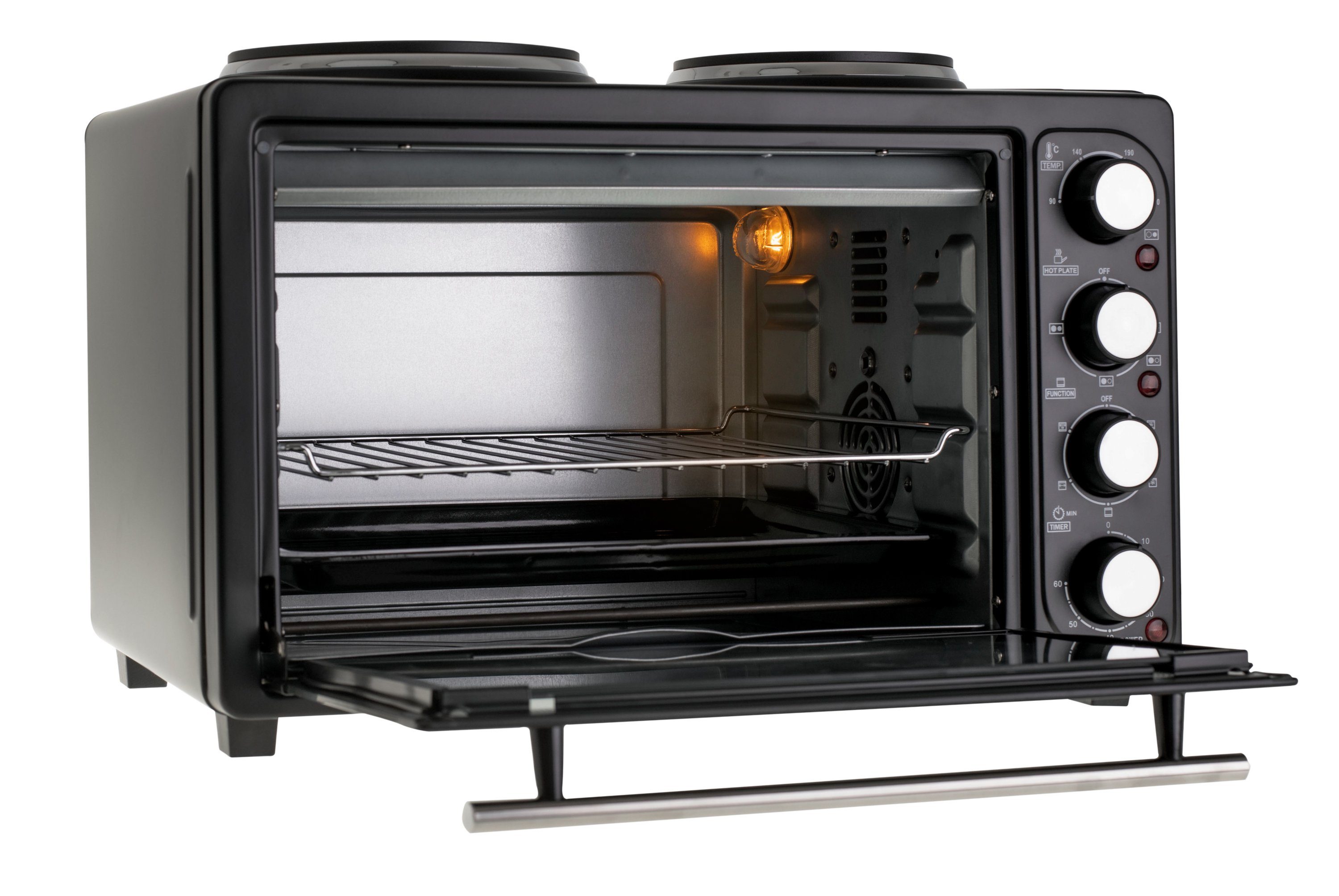 JUNG Minibackofen ADLER AD6020 Minibackofen 36L mit 2 Kochplatten, Umluft / Heißluft, Mini Backofen mit Herdplatte, 4600W, Timer, kleiner Backofen klein