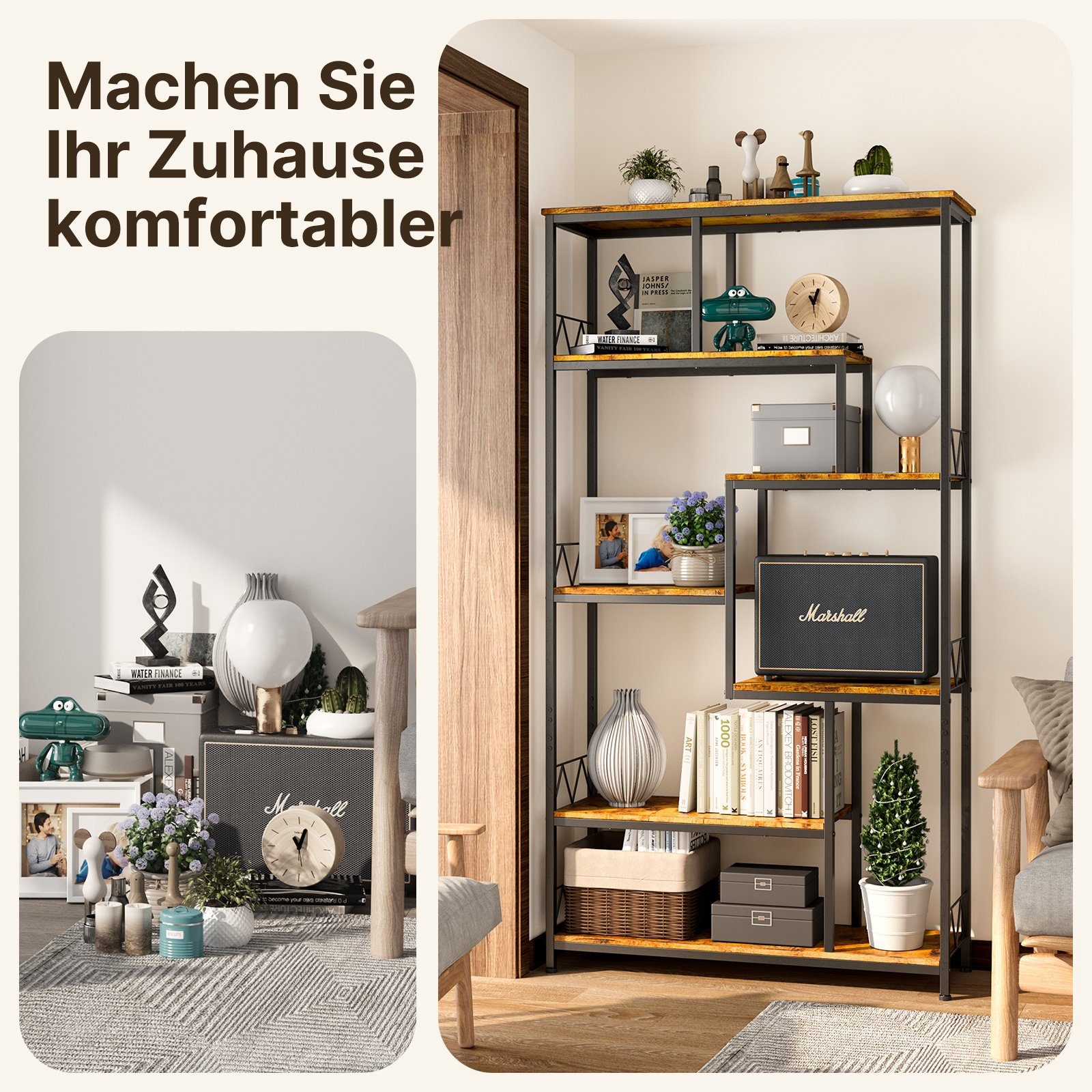 Bealife Bücherregal 5 Ebenen Standregal, ‎180x100x30 cm, aus Metall und Holz