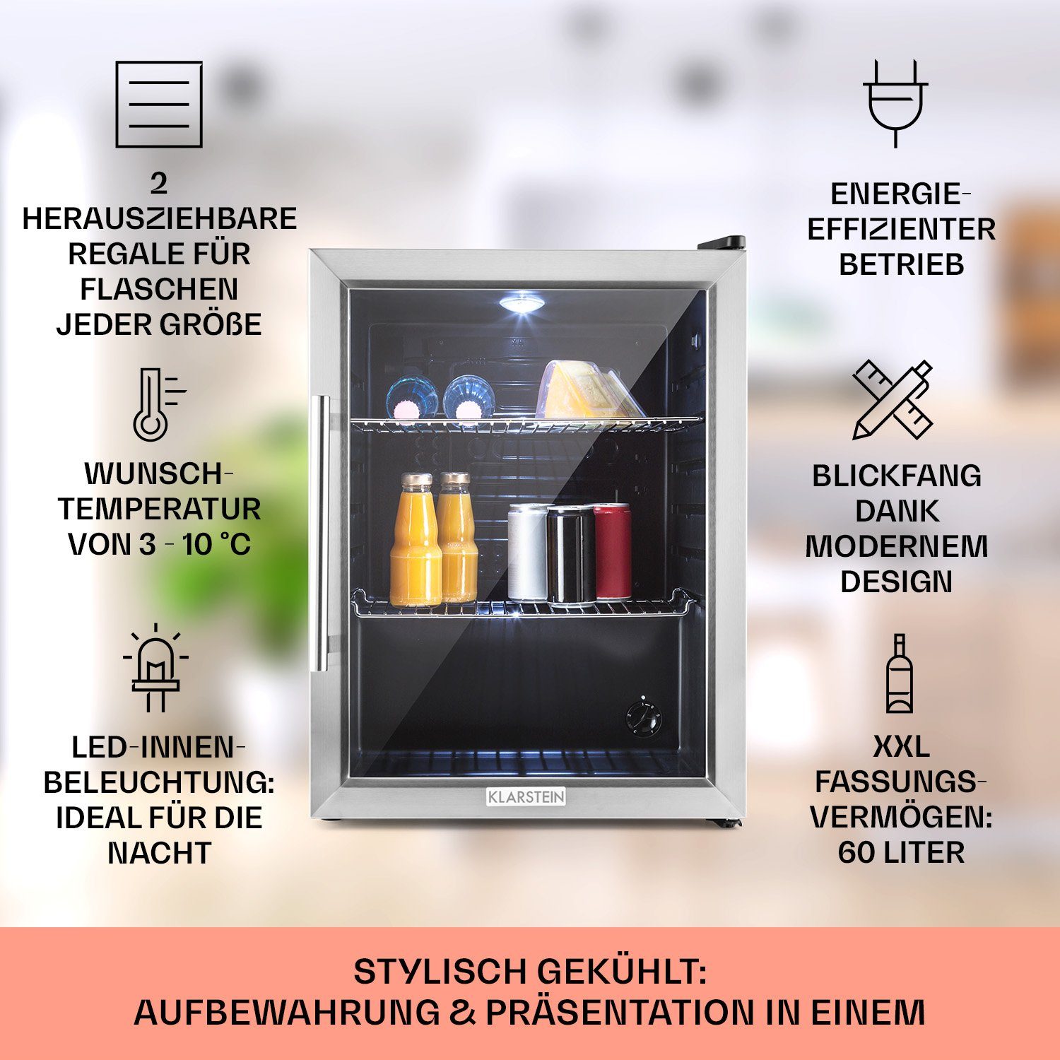 Klarstein Getränkekühlschrank HEA-Beersafe-XL 10027672A, 63 cm hoch, 47 cm breit, Bierkühlschrank Getränkekühlschrank Flaschenkühlschrank mit Glastür