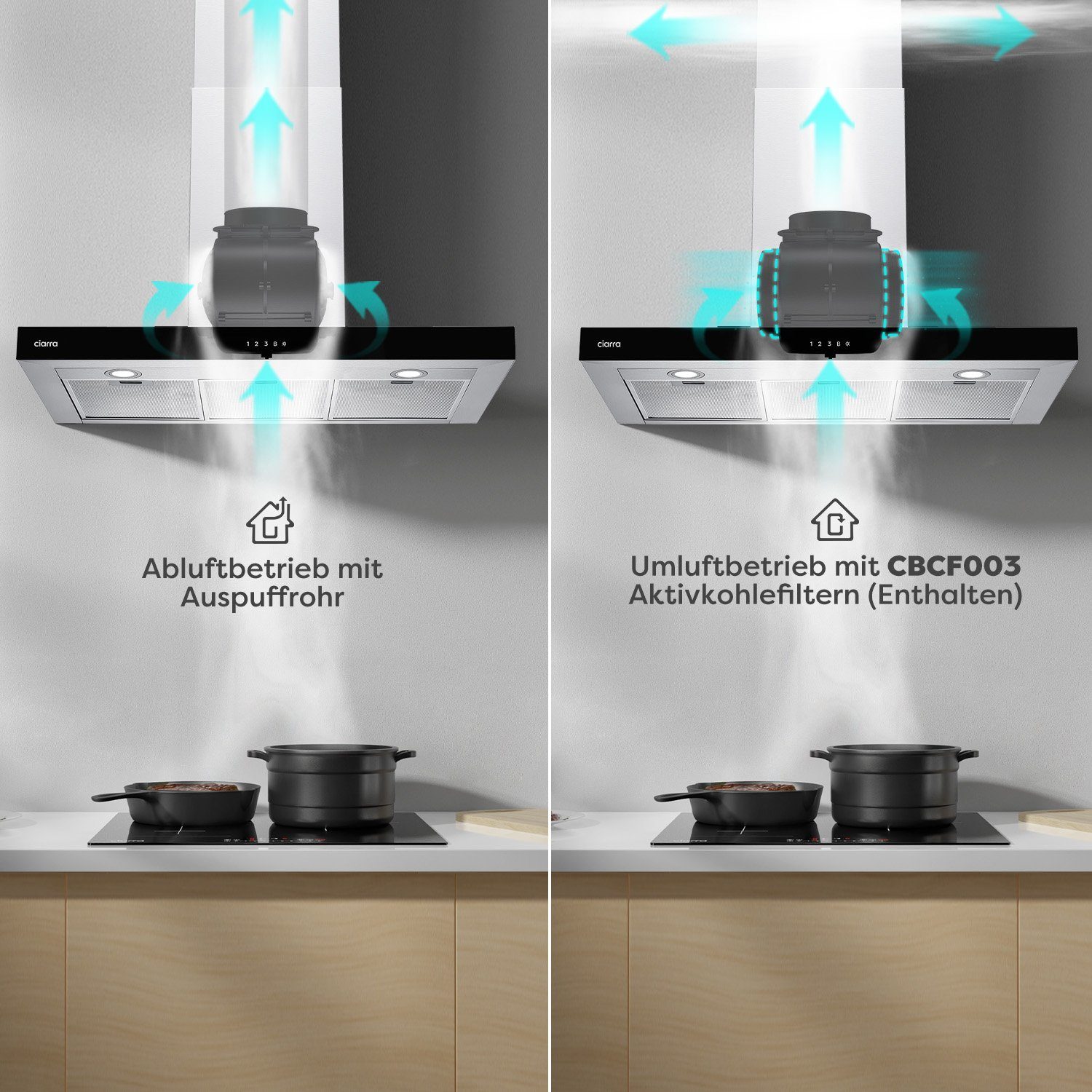 CIARRA Wandhaube CBCS9102, A+++ Dunstabzugshaube 90cm 650m³/h WIFI +APP & Touch Control Boost