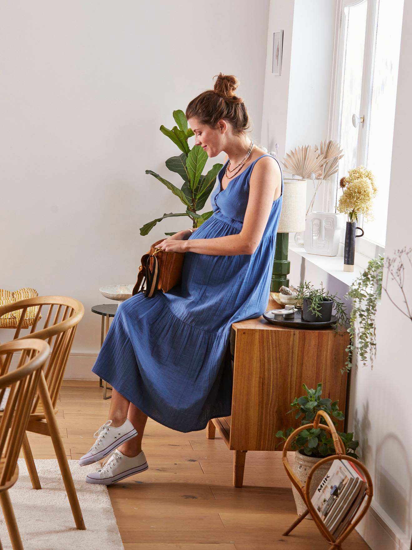 Robe fines bretelles gaze de coton grossesse et allaitement vieux rose