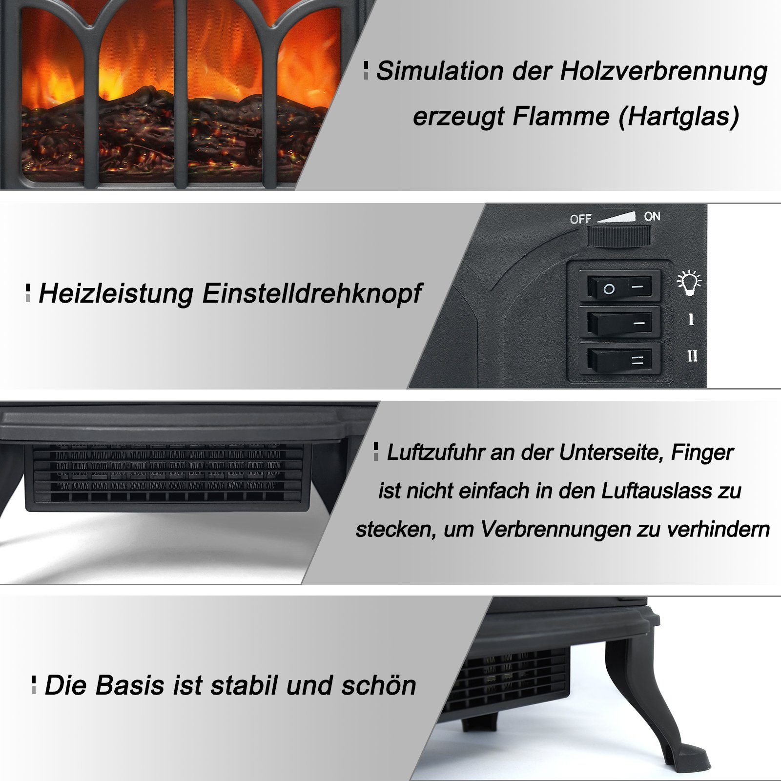 AUFUN Elektrokamin mit Heizlüfter, LED Kaminfeuer Effek Kaminofen Flammeneffekt 750/1500W