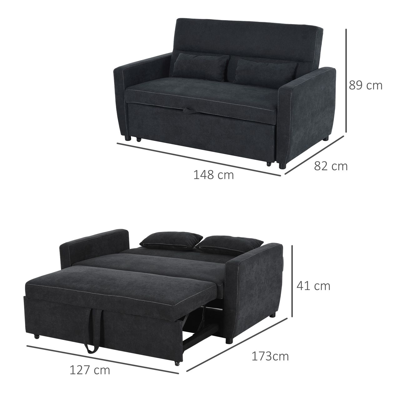 HOMCOM Schlafsofa Klappsofa 2-Sitzer Stoffsofa Bettsofa Bettsofa Schwarz