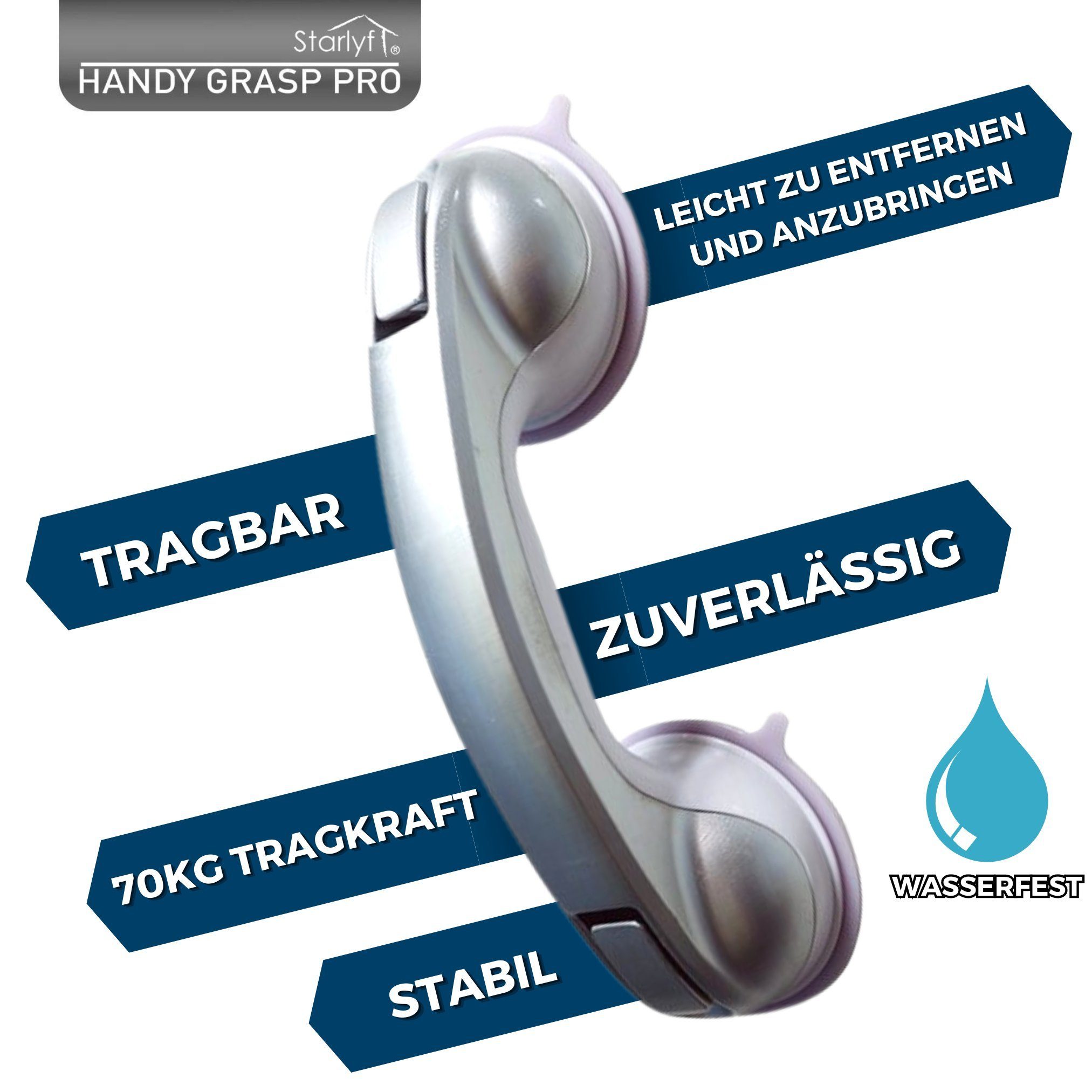 Starlyf Haltegriff Handy Grasp Pro, belastbar bis 70 kg, 30 cm Badewannengriff, ideal für die Dusche, ohne Schrauben