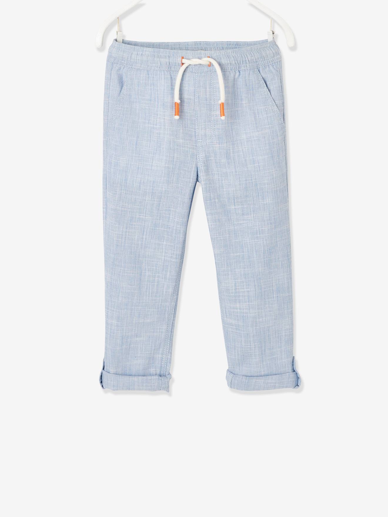 Pantalon léger retroussable en pantacourt garçon aspect lin tissé bleu clair