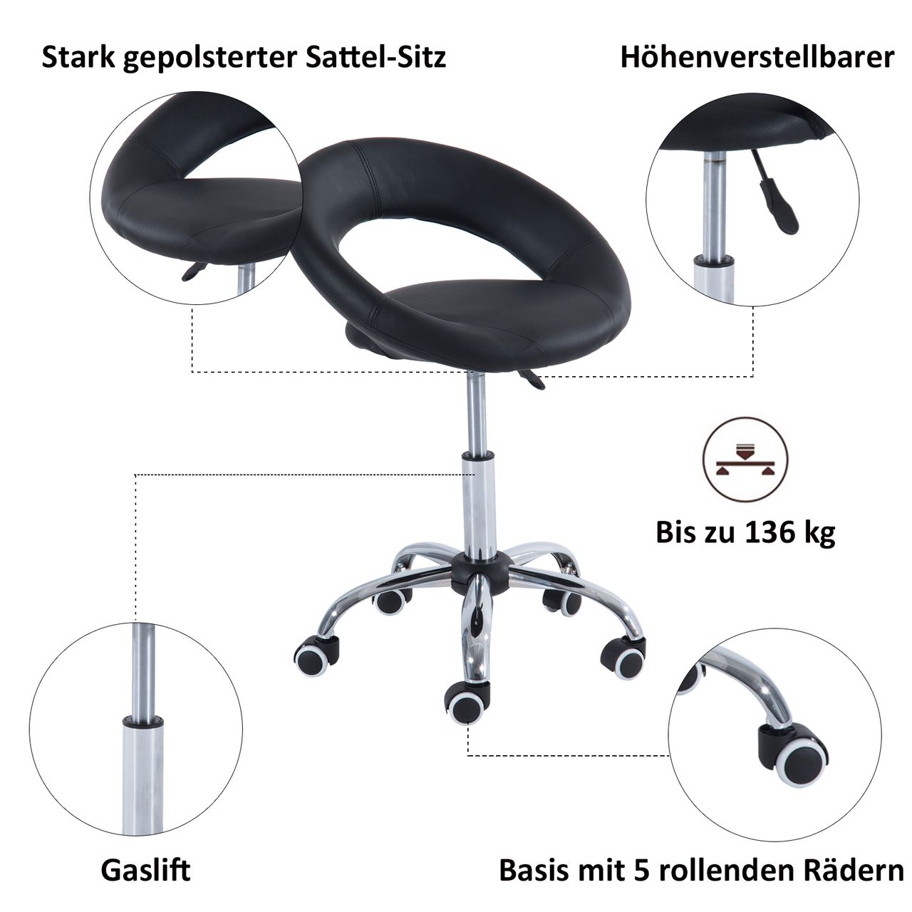 HOMCOM Rollhocker Arbeitshocker Drehhocker Bürostuhl höhenverstellbar, PU Metall, Schwarz, 50 x 54 x (66-78) cm
