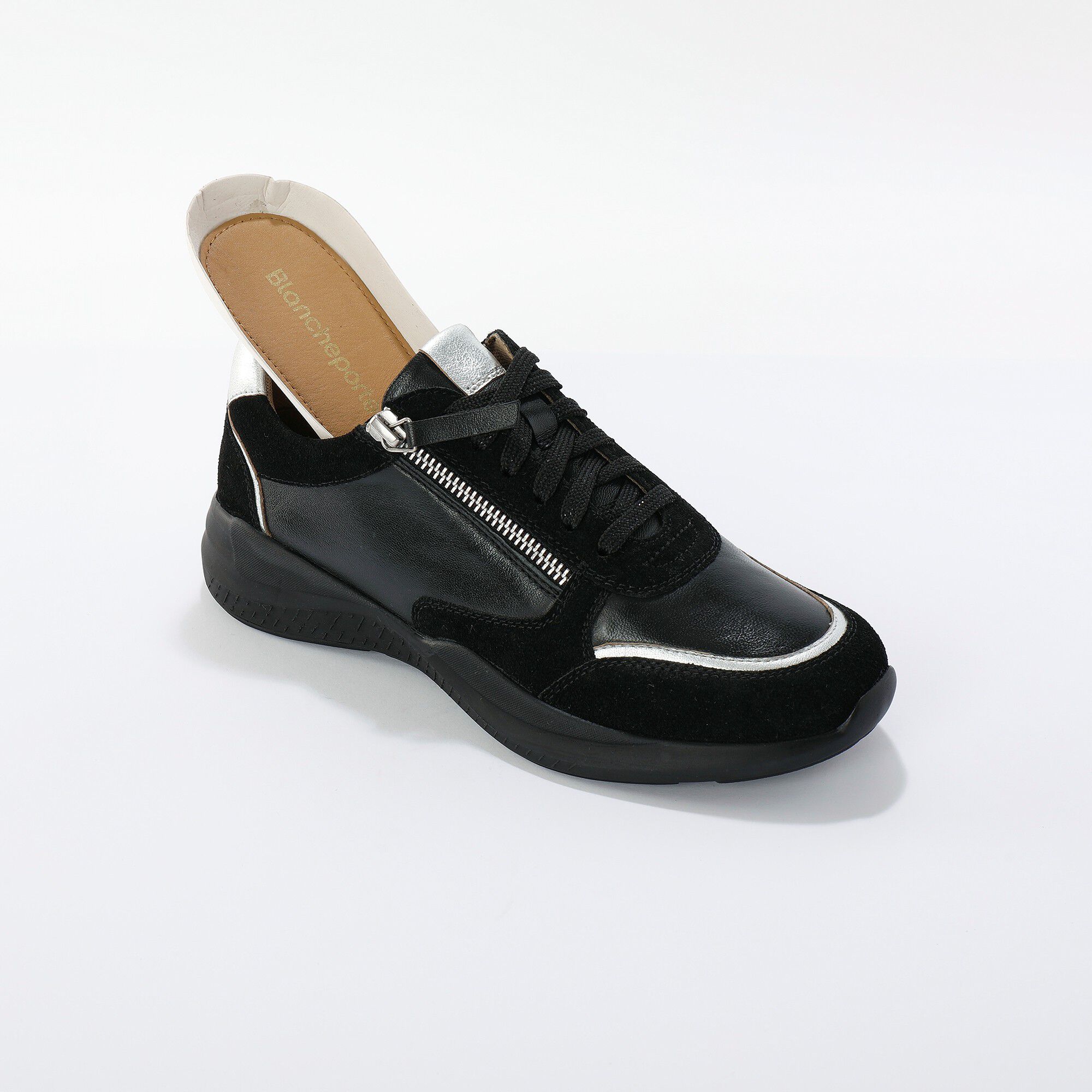 Baskets zippées à lacets, empiècements cuir velours