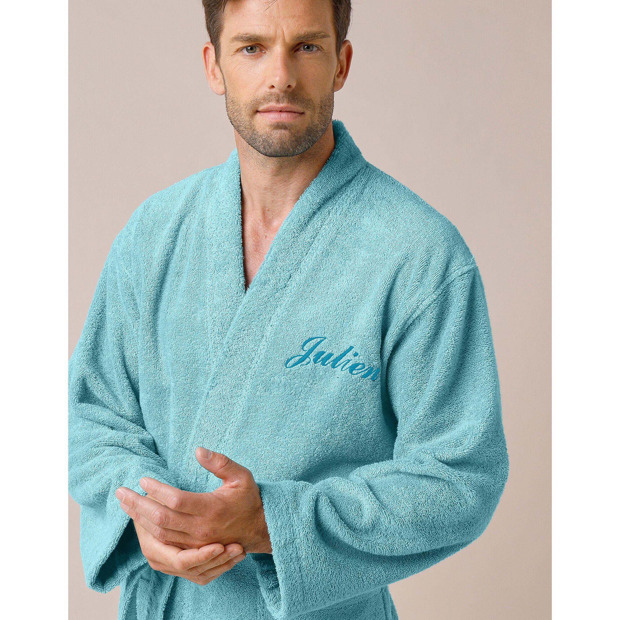 Peignoir mixte adulte uni coton éponge bouclette col kimono personnalisé