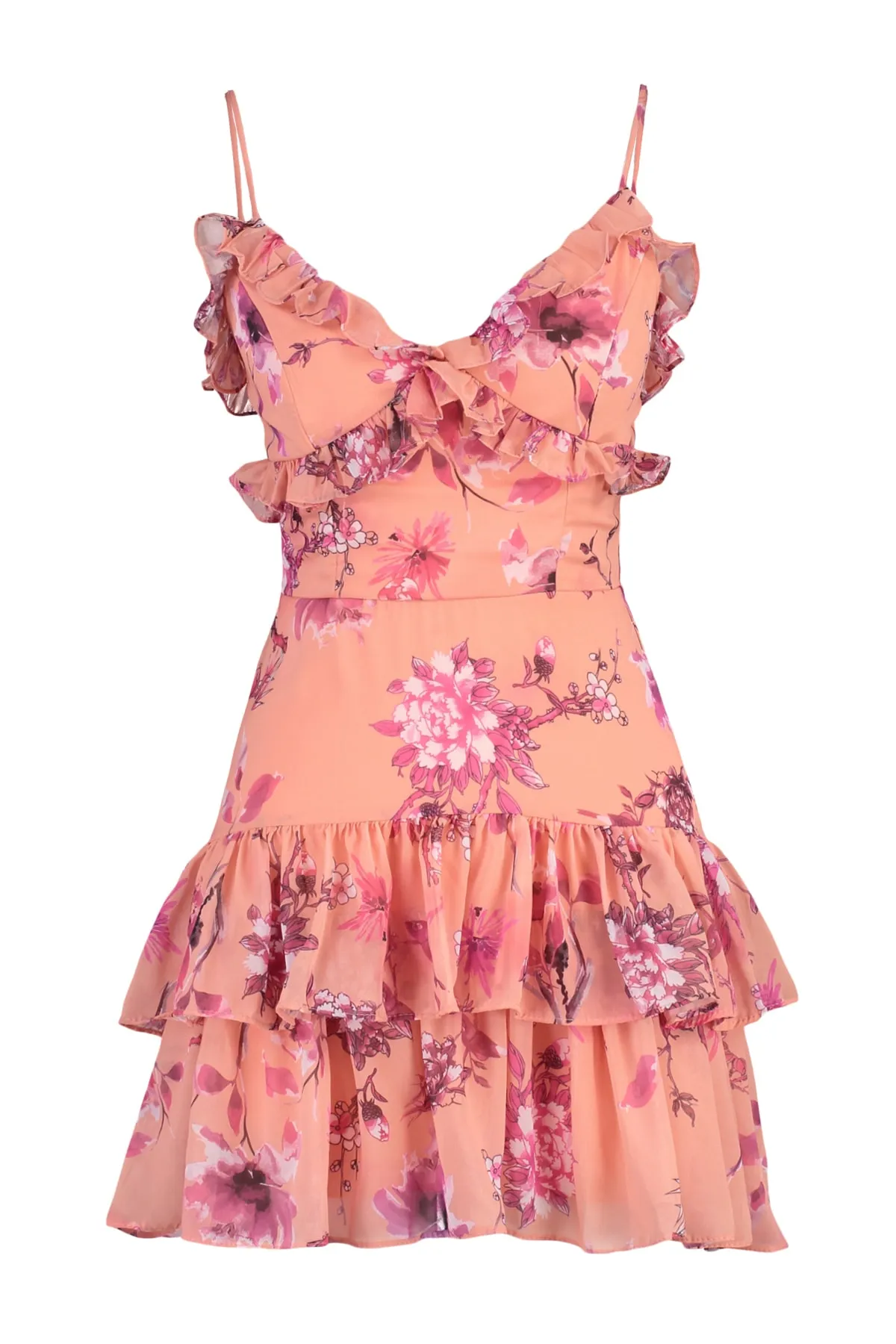 Trendyol Collection  Mehrfarbiges, gefüttertes Chiffon-Volant-Blumenmuster, elegantes Abendkleid TPRSS22EL3027
