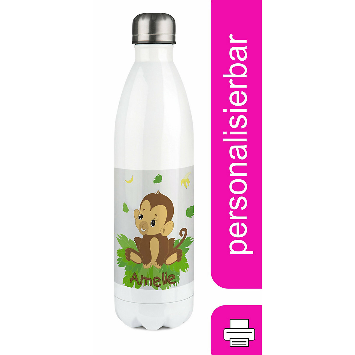 Edelstahl Kinder Thermoflasche / Trinkflasche bunt Affenbaby Spülmaschinenfest, Auslaufsicher, Bruchfest, Doppelwandig, Für Heißgetränke geeignet, Mit Deckel, Isoliert