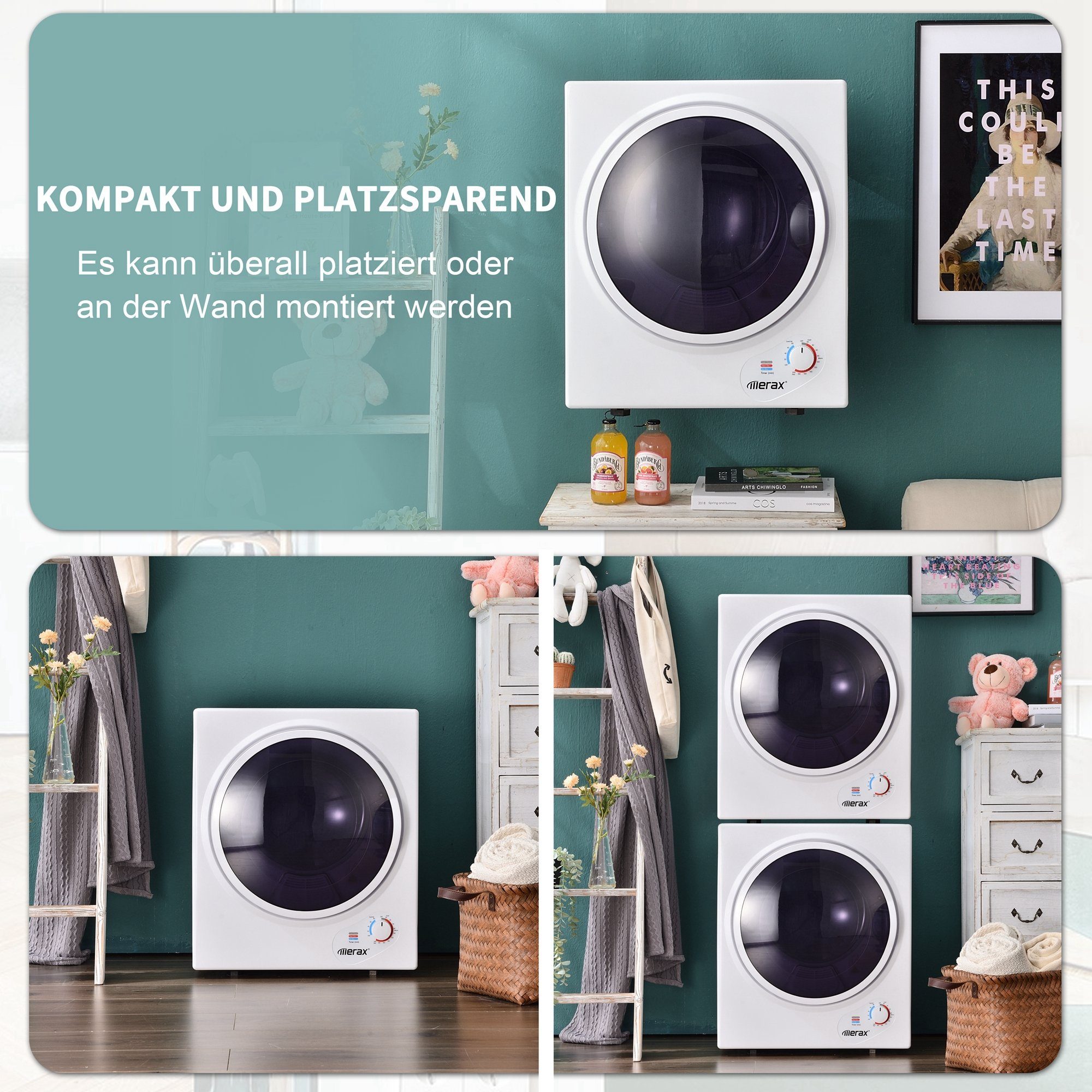 Merax Ablufttrockner, mini-Wäschetrockner, Filterung, freistehend/hängend,Timer