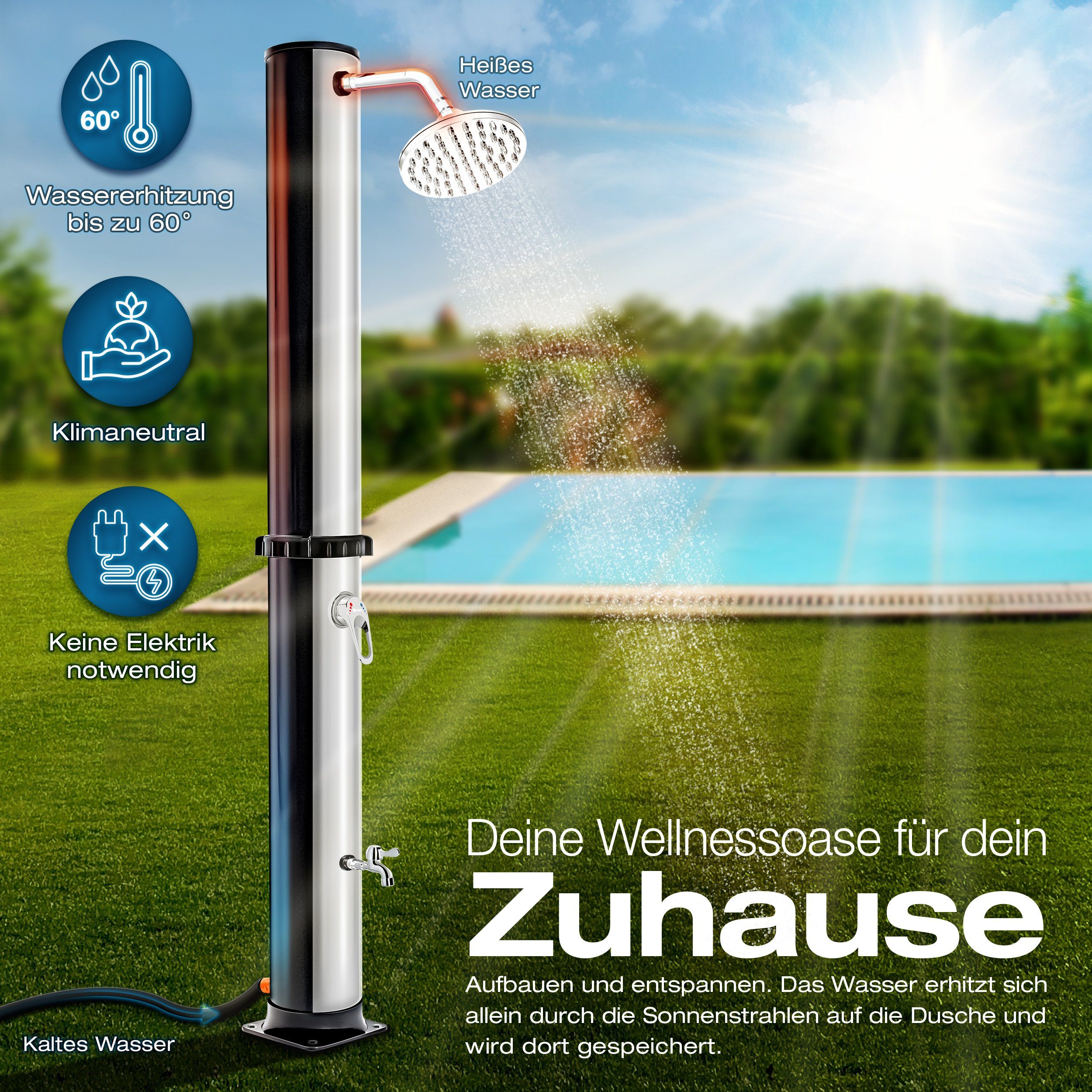 tillvex Solardusche 40 Liter inkl. Schutzhaube Solar Garten-dusche (mit Wasserhahn und Regenduschkopf Gartenschlauch-Anschluss), warmes Wasser Pooldusche Camping, ohne Stromanschluss