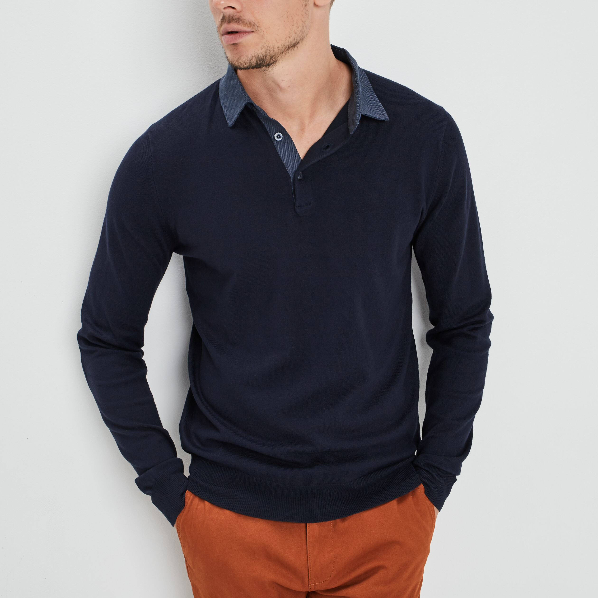 Pull avec col polo bleu marine homme | La Halle