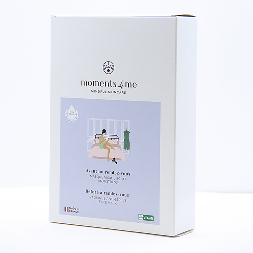 Moments4me Masque Visage  Bio Cellulose Éclat Anti-Stress Avant un Rendez-vous
