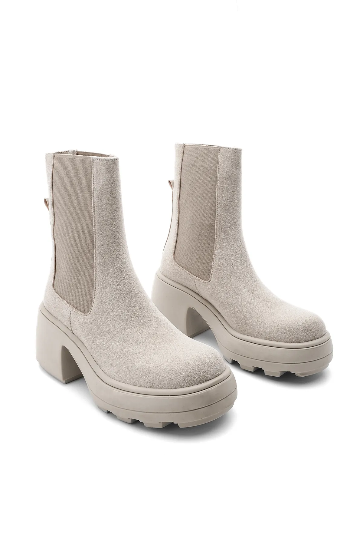 Marjin  Damen-Tagesstiefel, dicke Sohle, elastische Seitenbänder, Pola-Beige-Wildleder