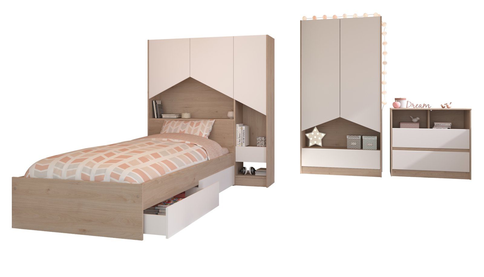 Parisot Jugendzimmer-Set Shelter, (Kinderzimmer Komplett-Set 6-teilig, weiß und Eiche), mit viel Stauraum