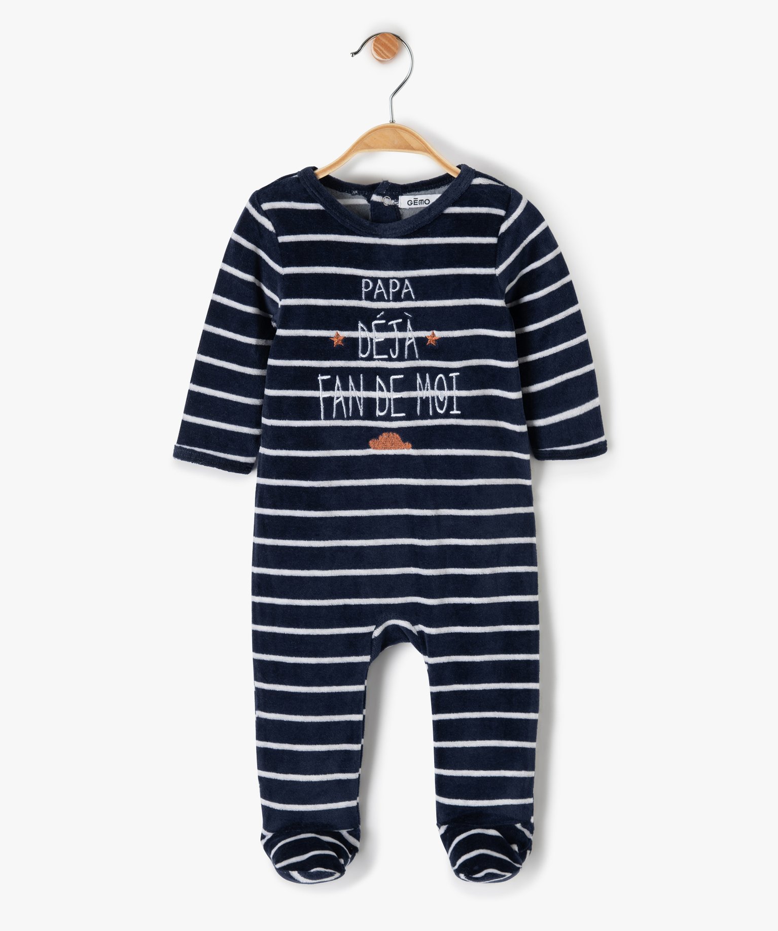Pyjama bébé en velours avec inscription sur l’avant marine | GEMO