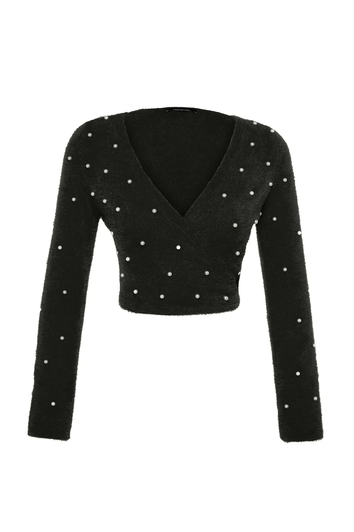 Trendyol Collection  Schwarzer Superkurzer Pullover mit Federn und Perlendetail TWOAW24KZ00228