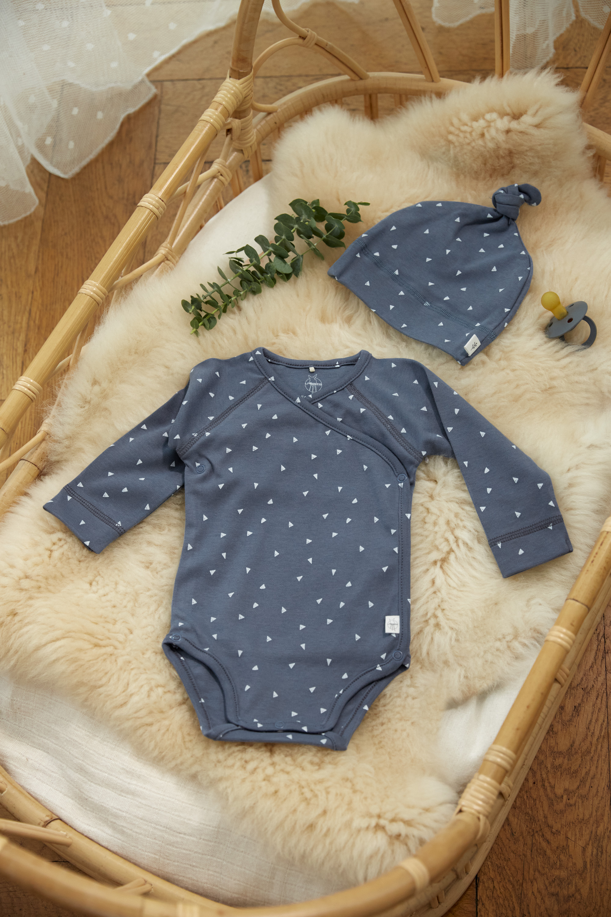 Baby Body langarm - Bio Baumwolle, Dreiecke, Blau