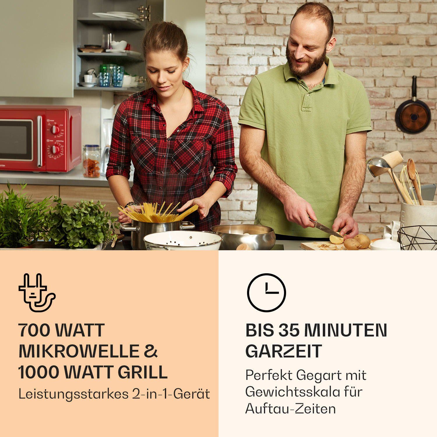 Klarstein Mikrowelle Caroline Mikrowellen-Grill 20 Ltr 700 W / 1000 W Ø 25,5cm Retro, Erwärmen, Grillen, Backen, 2 l
