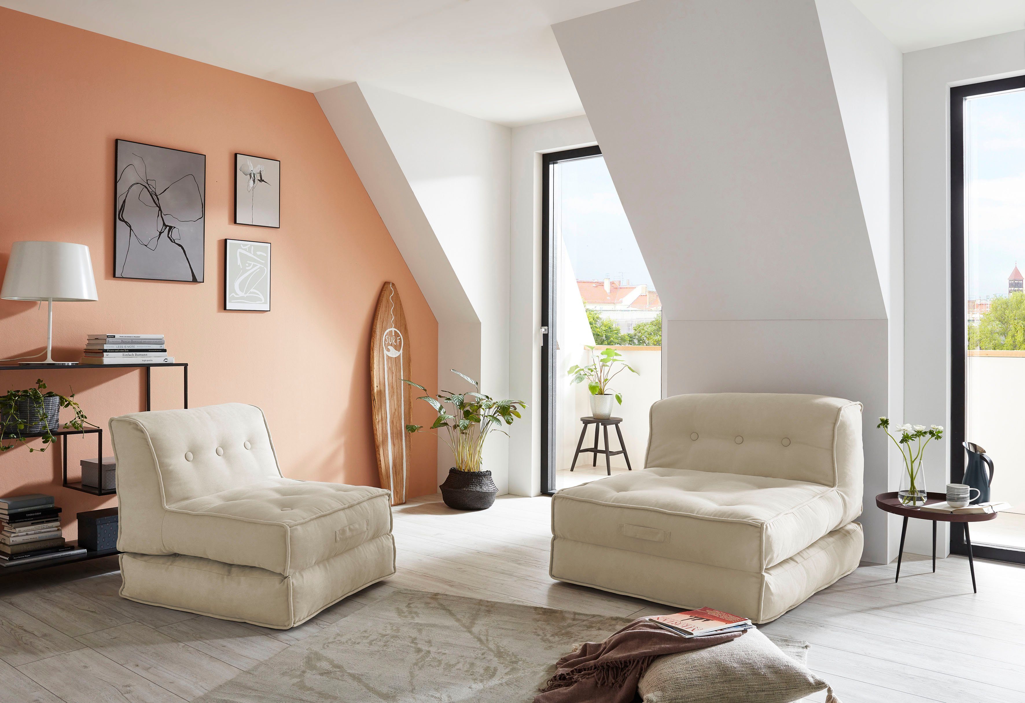 INOSIGN Sessel Pia, Loungesessel in 2 Größen, mit Schlaffunktion und Pouf-Funktion.