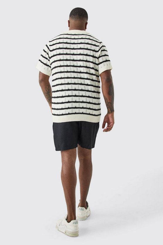 Plus kurzärmliges gehäkeltes gestreiftes Poloshirt in Ecru