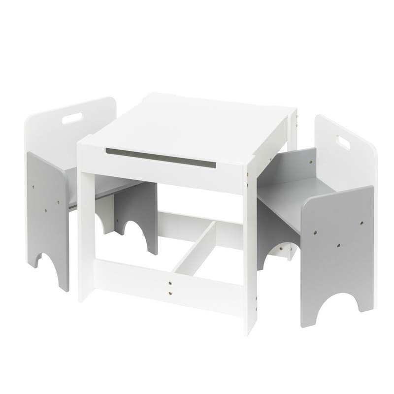 Table de jeux et ses deux chaises encastrables grises Oxybul