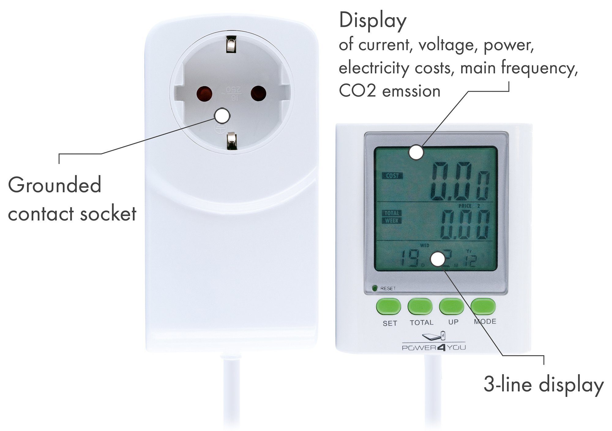 Schwaiger Energiekostenmessgerät 661576, 3-zeiliges Display, Zwischenstecker, Anzeige von Stromstärke, Spannung, Leustung, Stromkosten