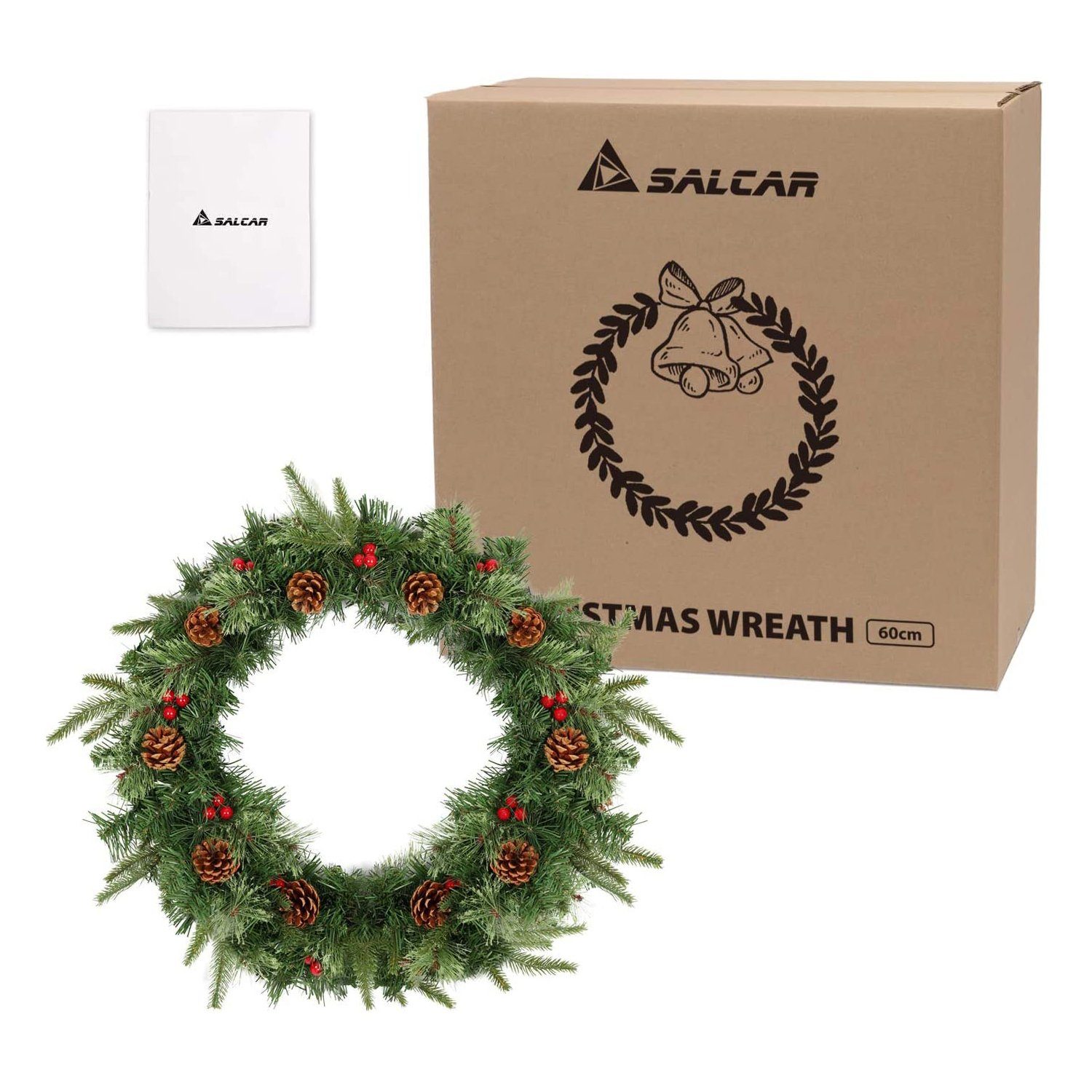 Salcar Adventskranz Ø60cm Kunstkranz Weihnachten Weihnachtskranz Dekokranz Türkranz Deko, Mit 140 Tannenspitzen, 10 Tannenzapfen und 30 Rote Beeren