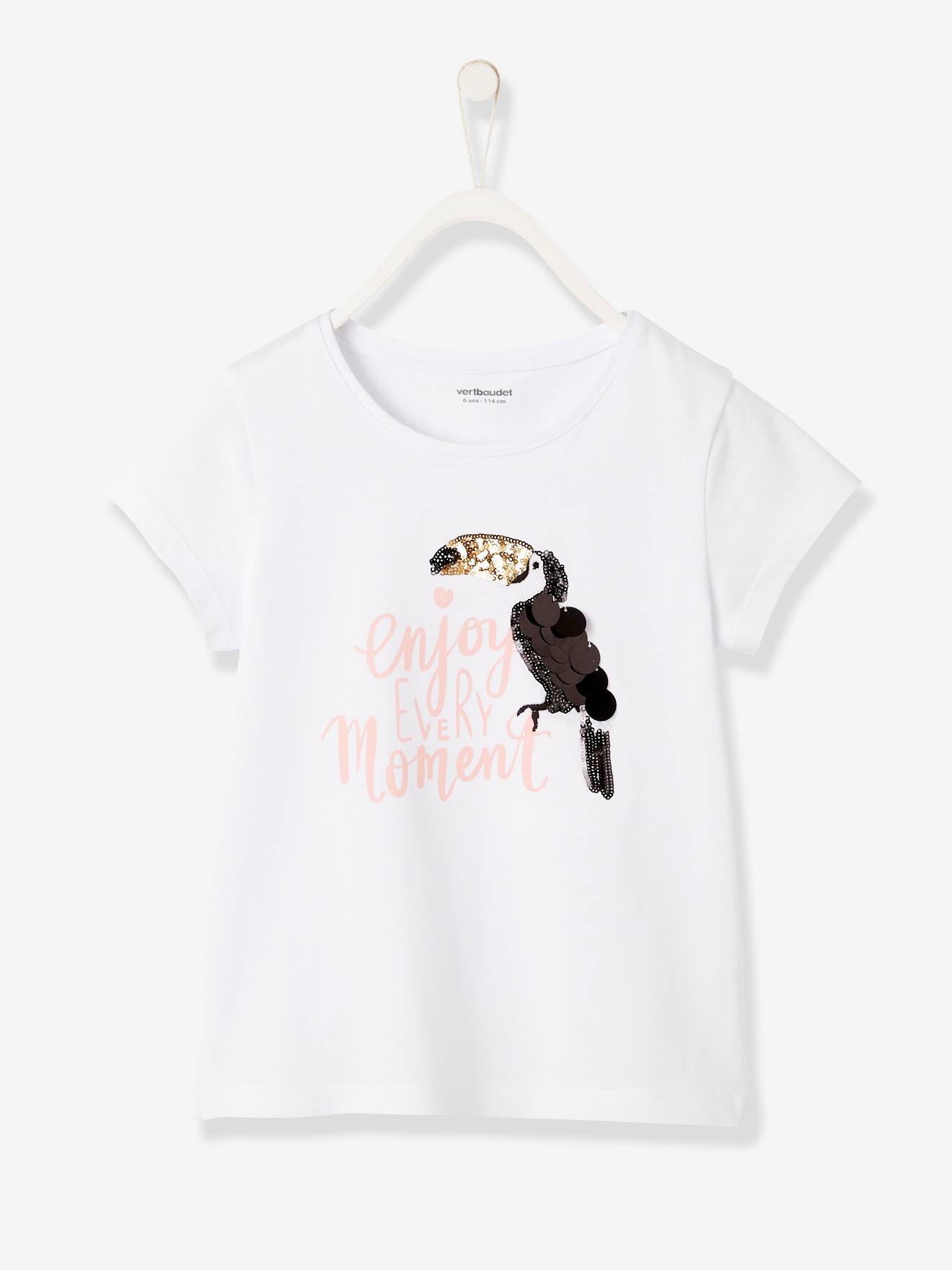 T-shirt fille motif toucan avec sequins et broderies blanc