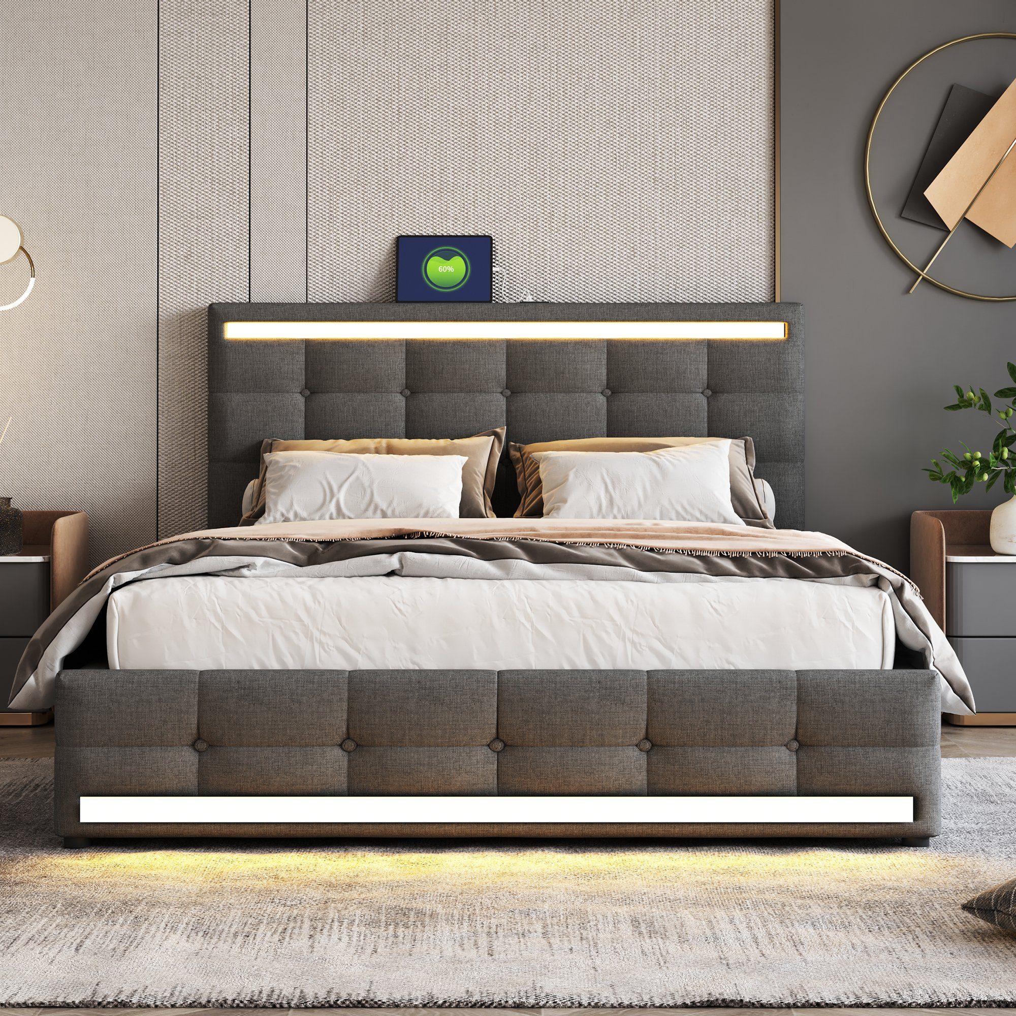 Flieks Polsterbett, LED Doppelbett Stauraumbett 2 USB-Anschluss 140x200cm Leinen