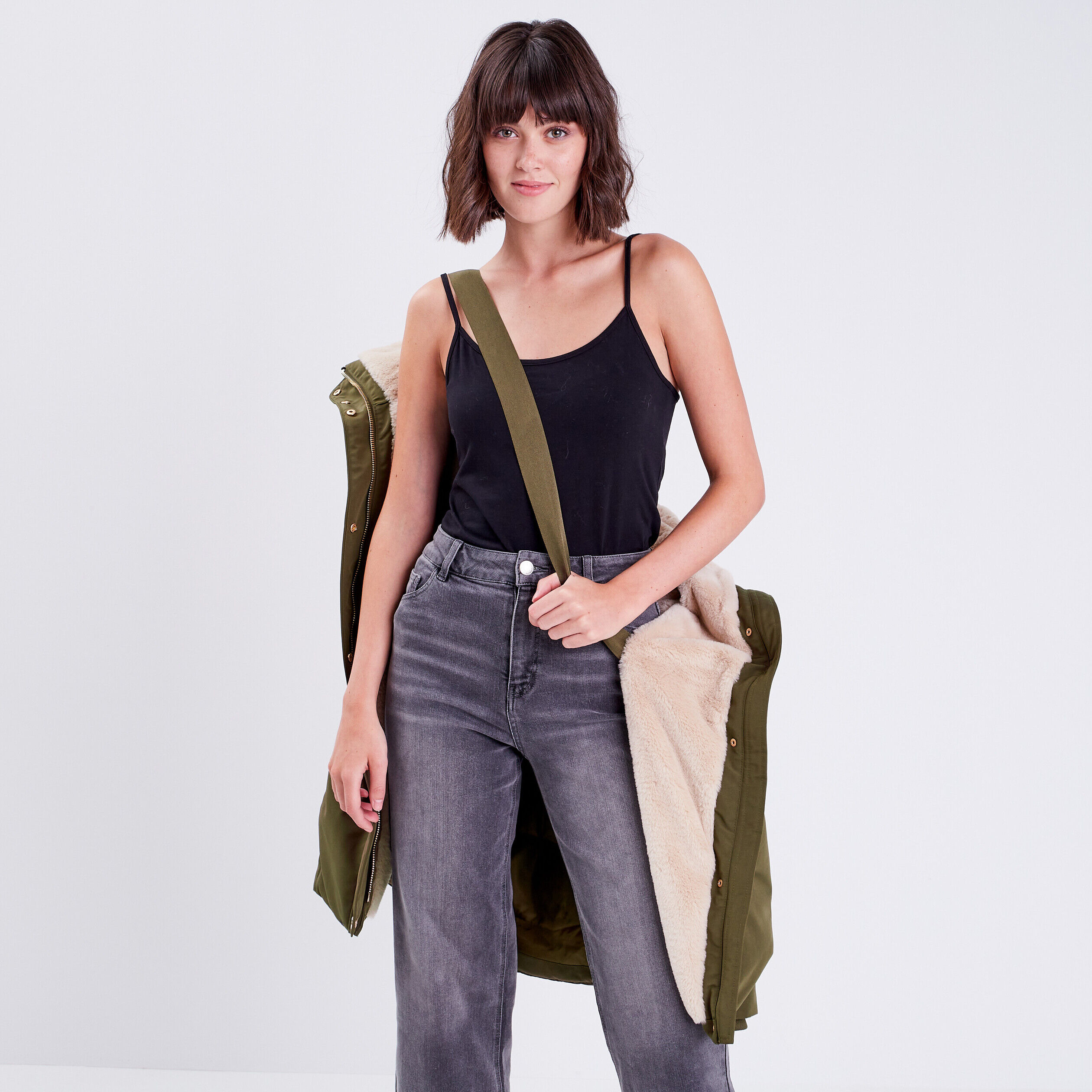 Parka droite avec capuche vert kaki femme | Cache Cache