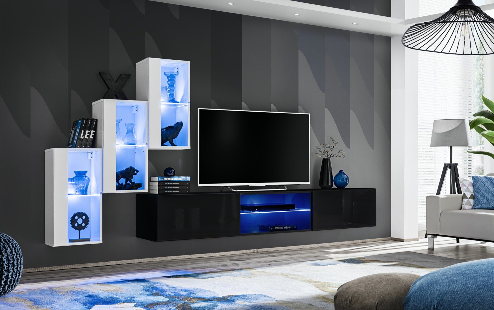 JVmoebel Wohnwand Modern Wohnwand TV Ständer 3x Hänge Vitrine Set Designer Einrichtung, (4-St., TV Ständer + 3x Hänge Vitrine), LED beleuchtet