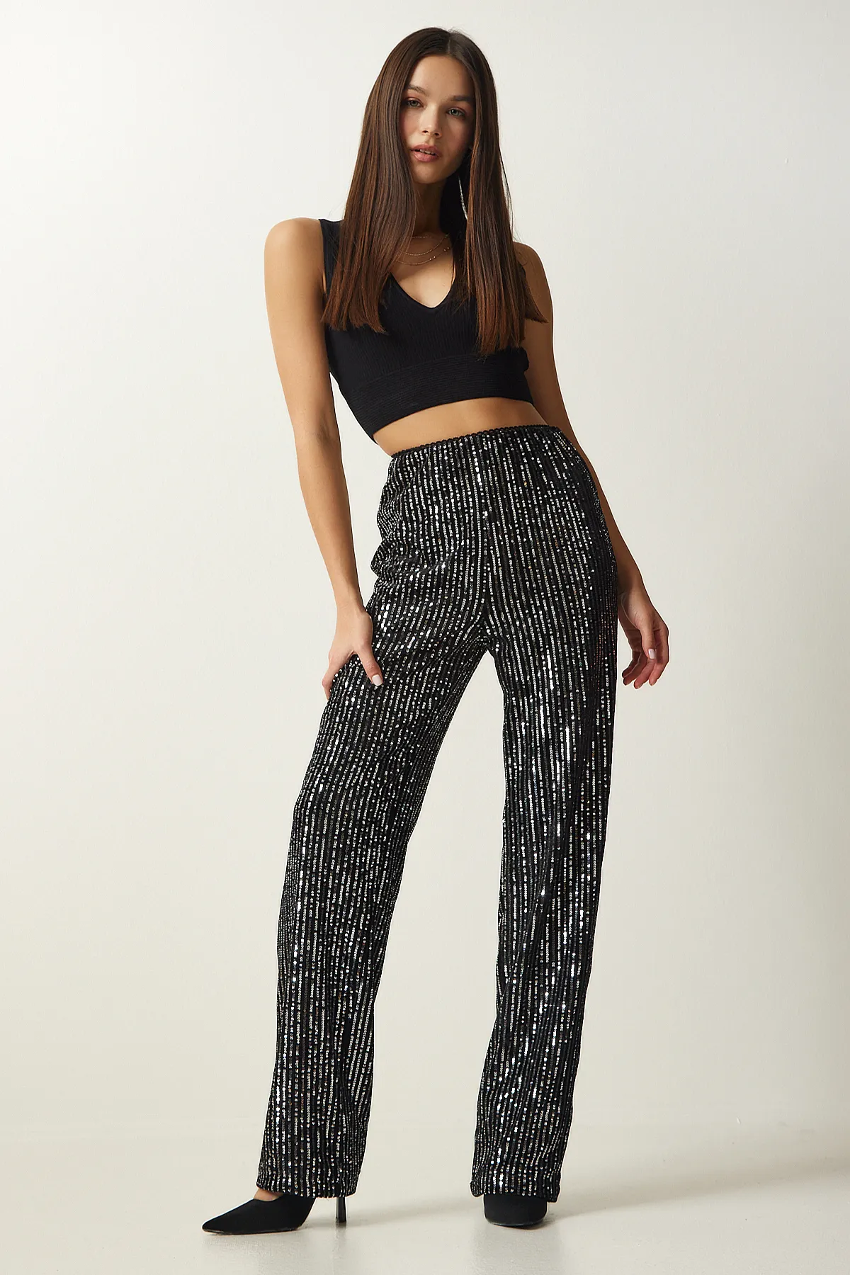 Happiness İstanbul  Graue Palazzo-Hose mit Pailletten für Damen MC00250