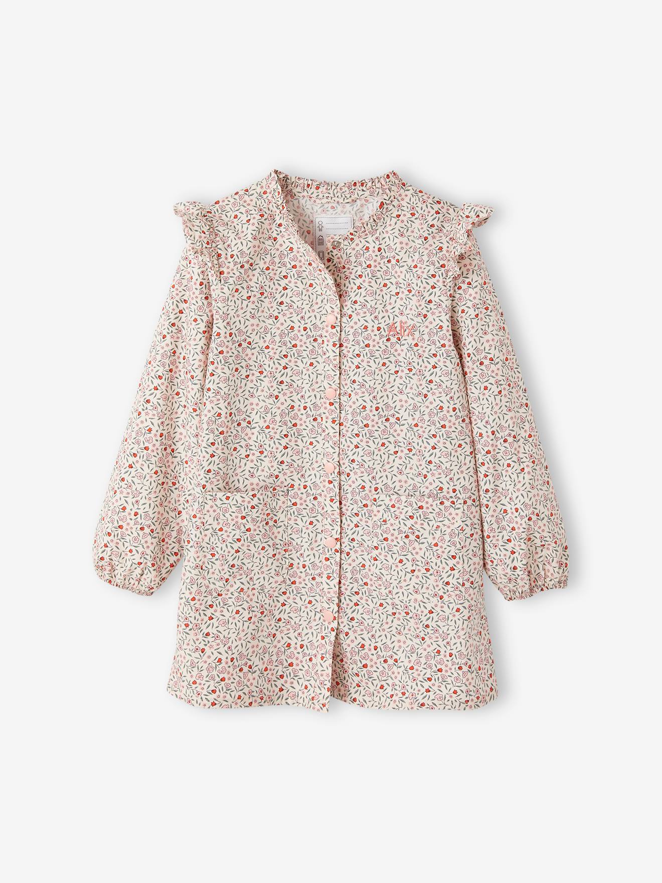 Tablier à fleurs personnalisable fille manches volantées rose