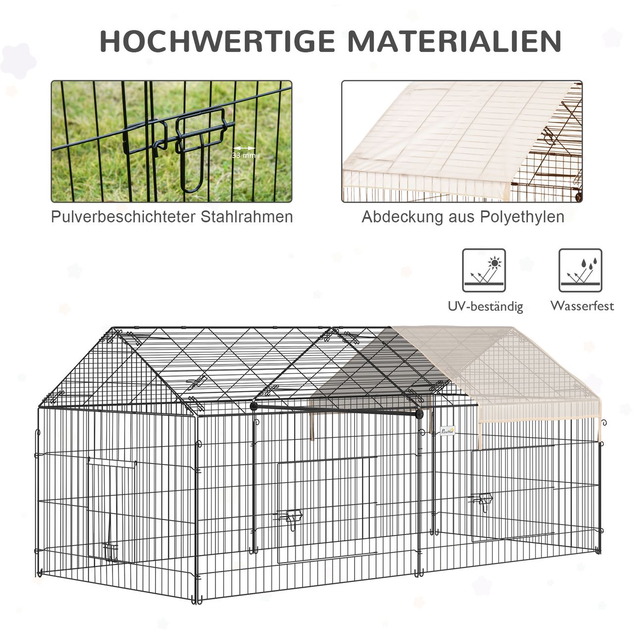 PawHut Freigehege Freilaufgehege Hasenkäfig mit Sonnenschutz Metall Beige Schwarz 220 x 103 x 103 cm