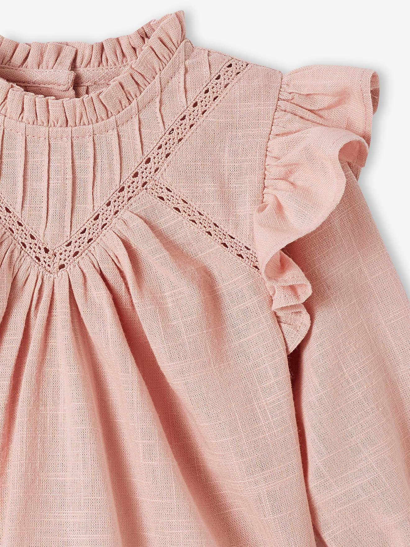 Blouse volantée bébé en tissu flammé rose poudré