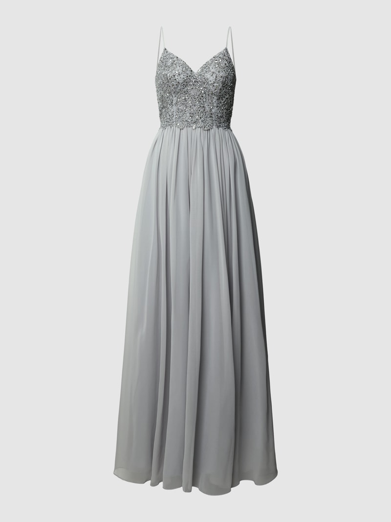 Abendkleid mit Ziersteinbesatz in mittelgrau
