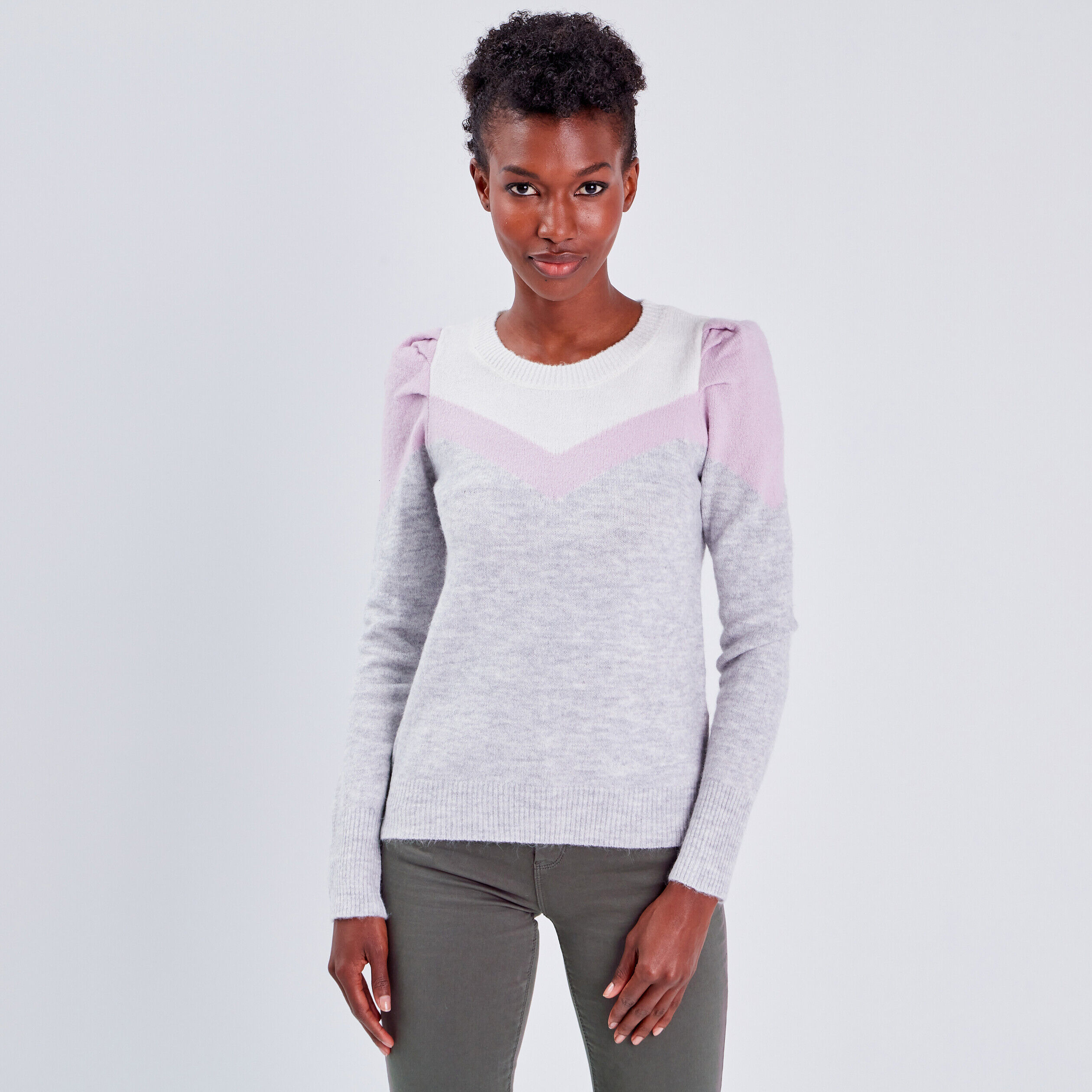 Pull épaules froncées gris clair femme | Cache Cache