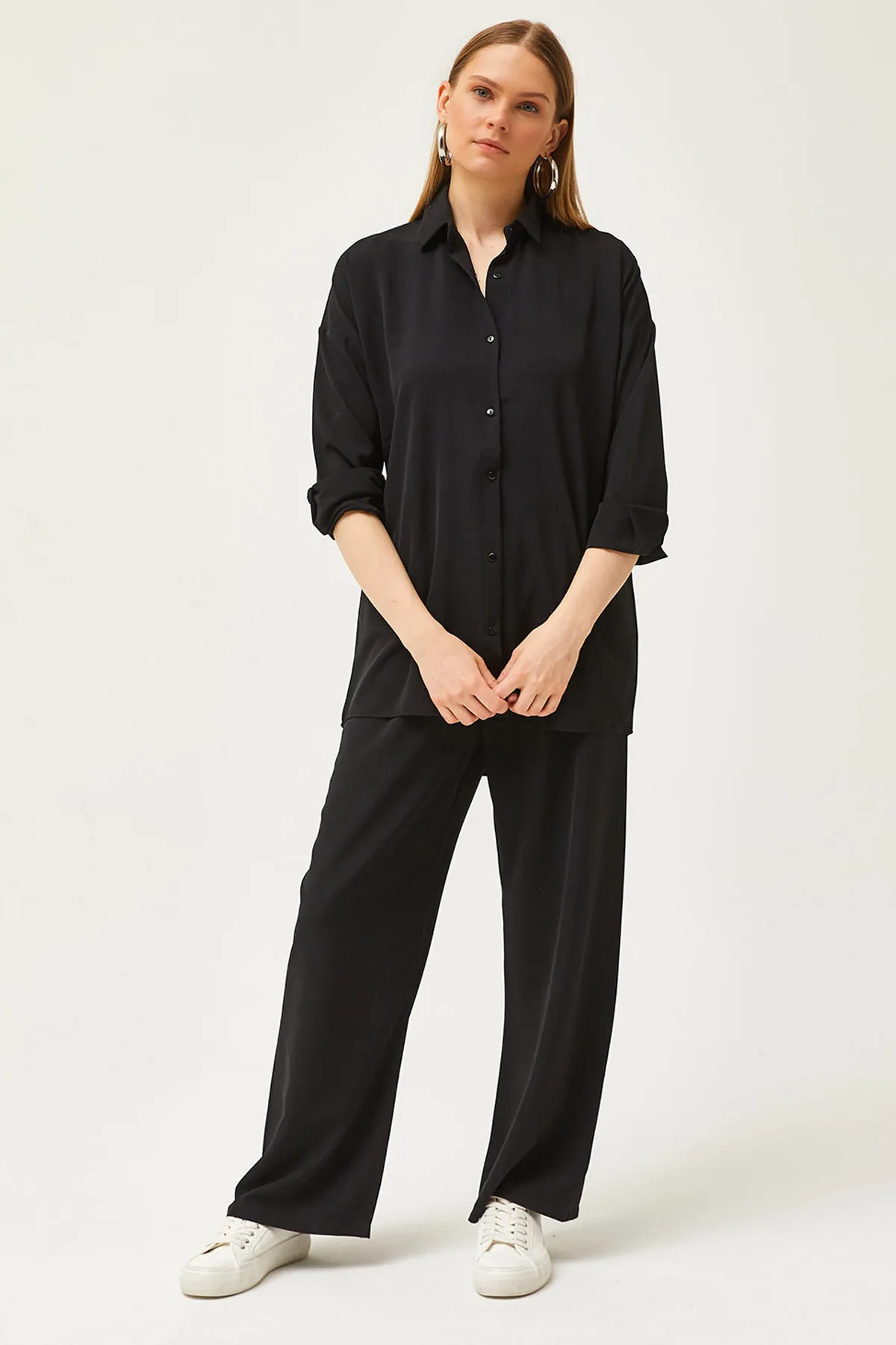 Olalook  Schwarzes drapiertes Hemd-Hosen-Set für Damen TKM-19000283