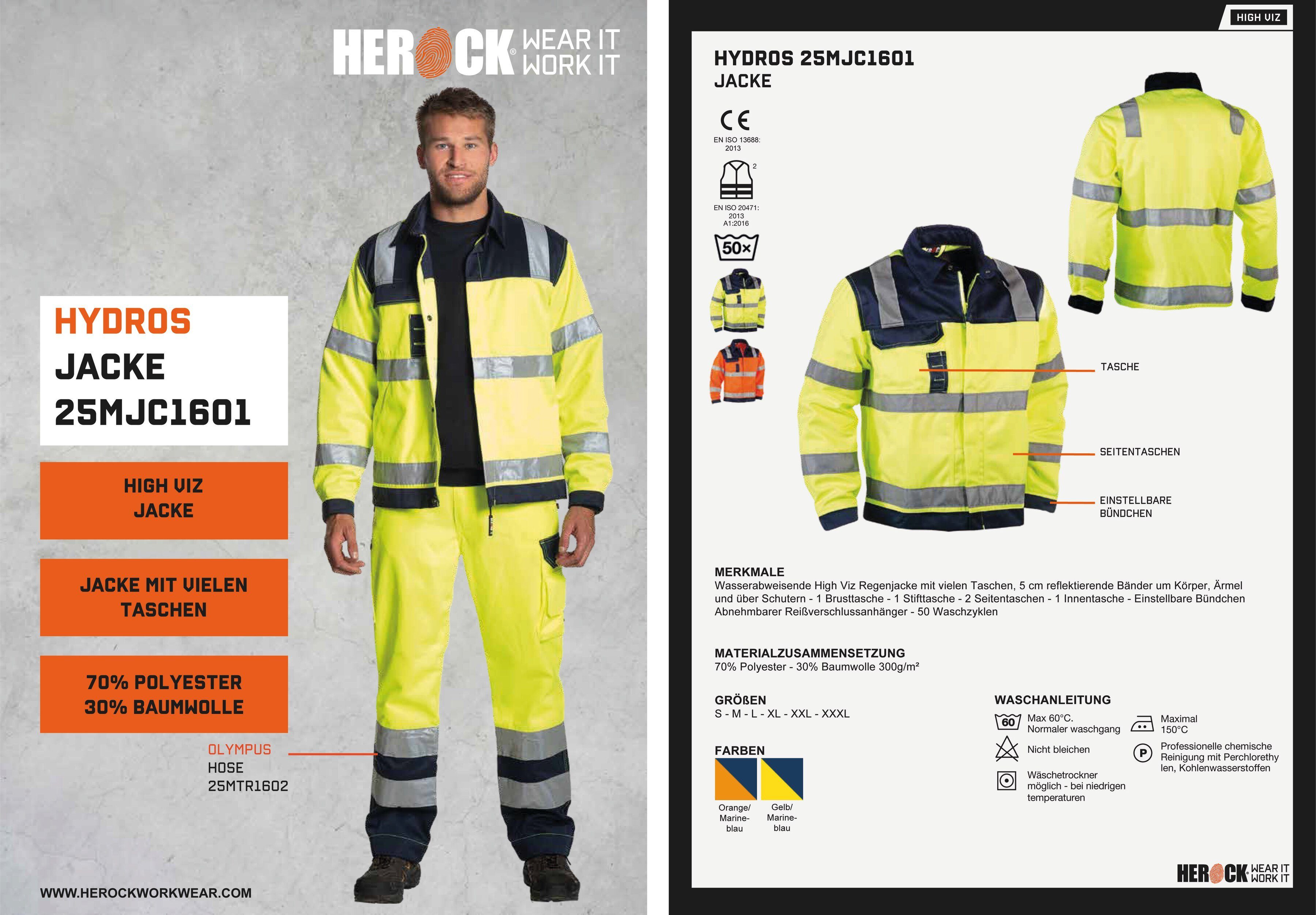 Herock Arbeitsjacke Hydros Hochsichtbar Jacke Hochwertig, 5 Taschen, eintellbare Bündchen, 5cm reflektierende Bänder